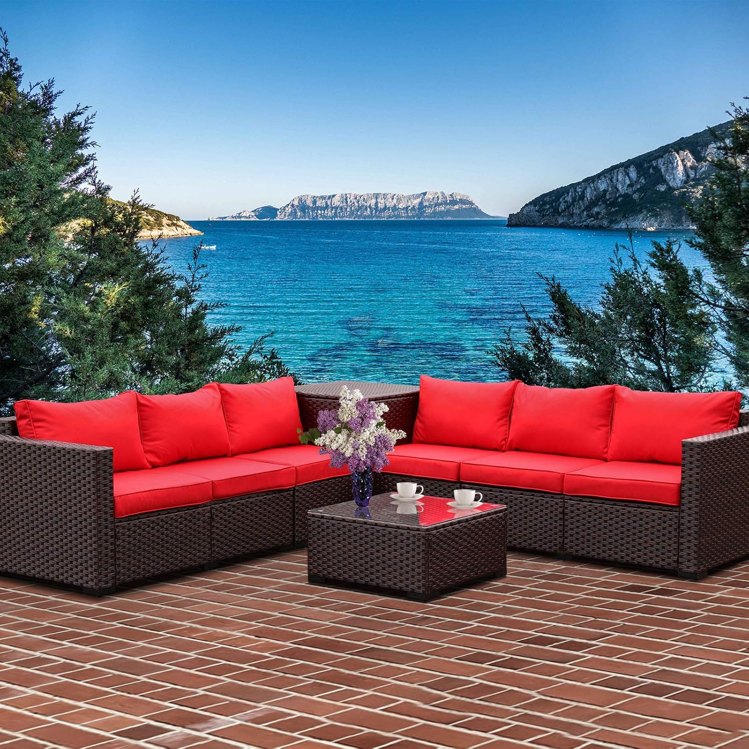 VALITA Patio PE Wicker Furniture Set 6 Pieces Outdoor Brown Rattan Sectional Conversation Sofa Chair with Storage Table and Red Cushions