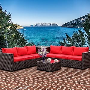 VALITA Patio PE Wicker Furniture Set 6 Pieces Outdoor Brown Rattan Sectional Conversation Sofa Chair with Storage Table and Red Cushions