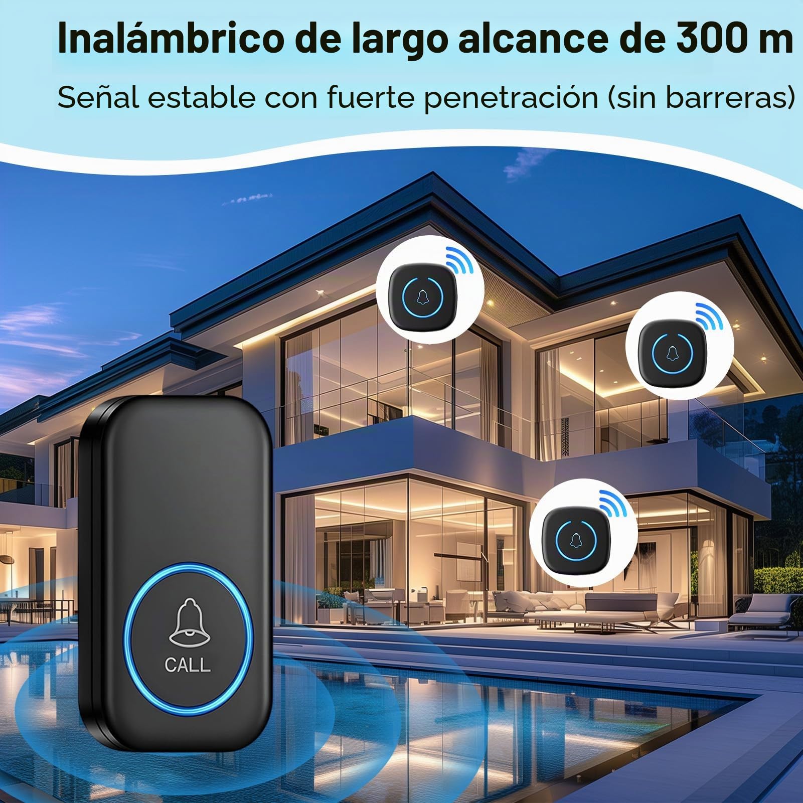 Timbre Inalámbrico Exterior Impermeable 60 Melodías 5 Niveles de Volumen Kit de Timbre Inalambrico Doorbell con 1 Receptores + 1 Botón a Pila Indicador LED 300m Alcance para el Hogar Oficina (Negro)