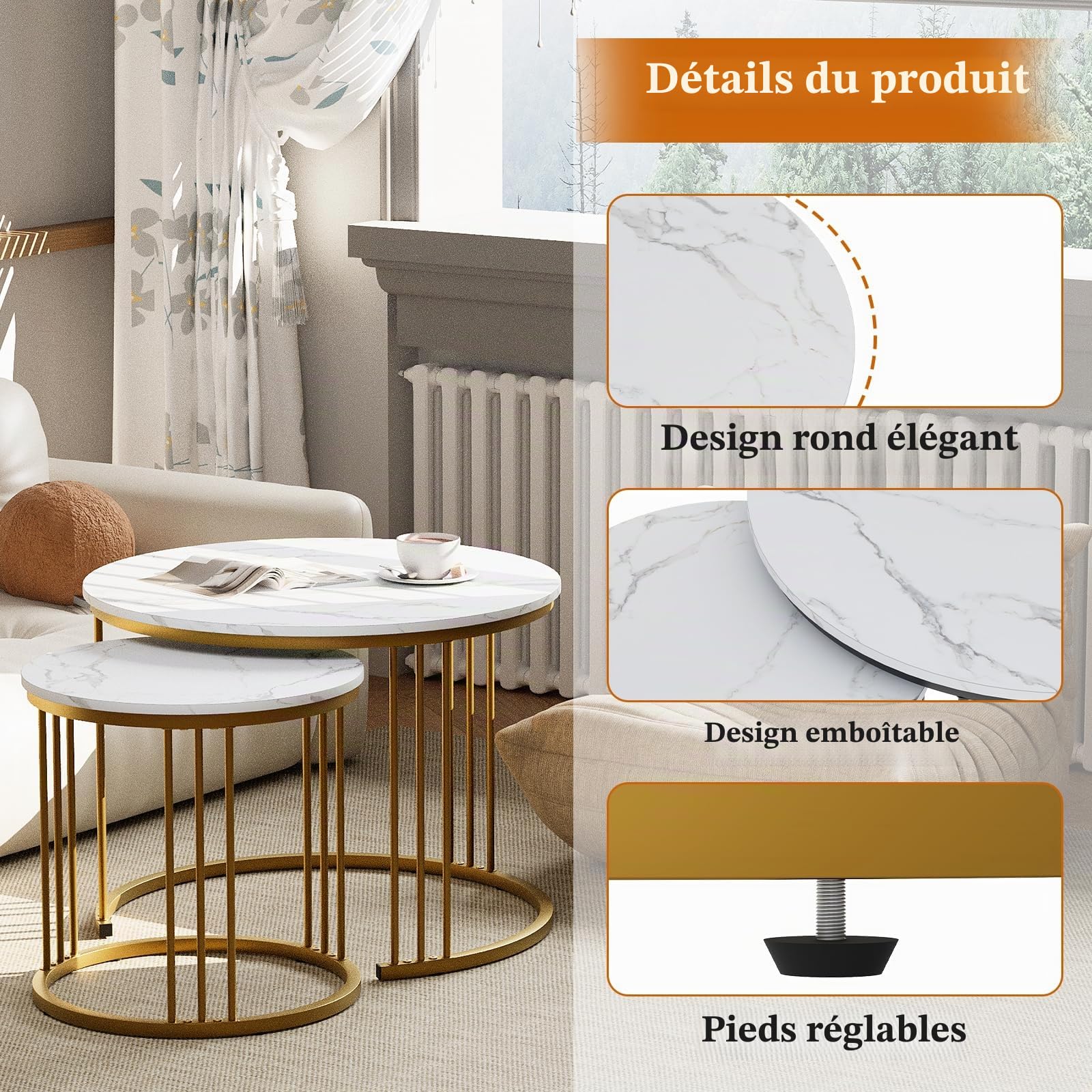 Lot de 2 tables basses rondes - Table d'appoint en bois - Table d'appoint pour salon, chambre à coucher, bureau, balcon - Structure en métal doré et plateau de table en marbre blanc
