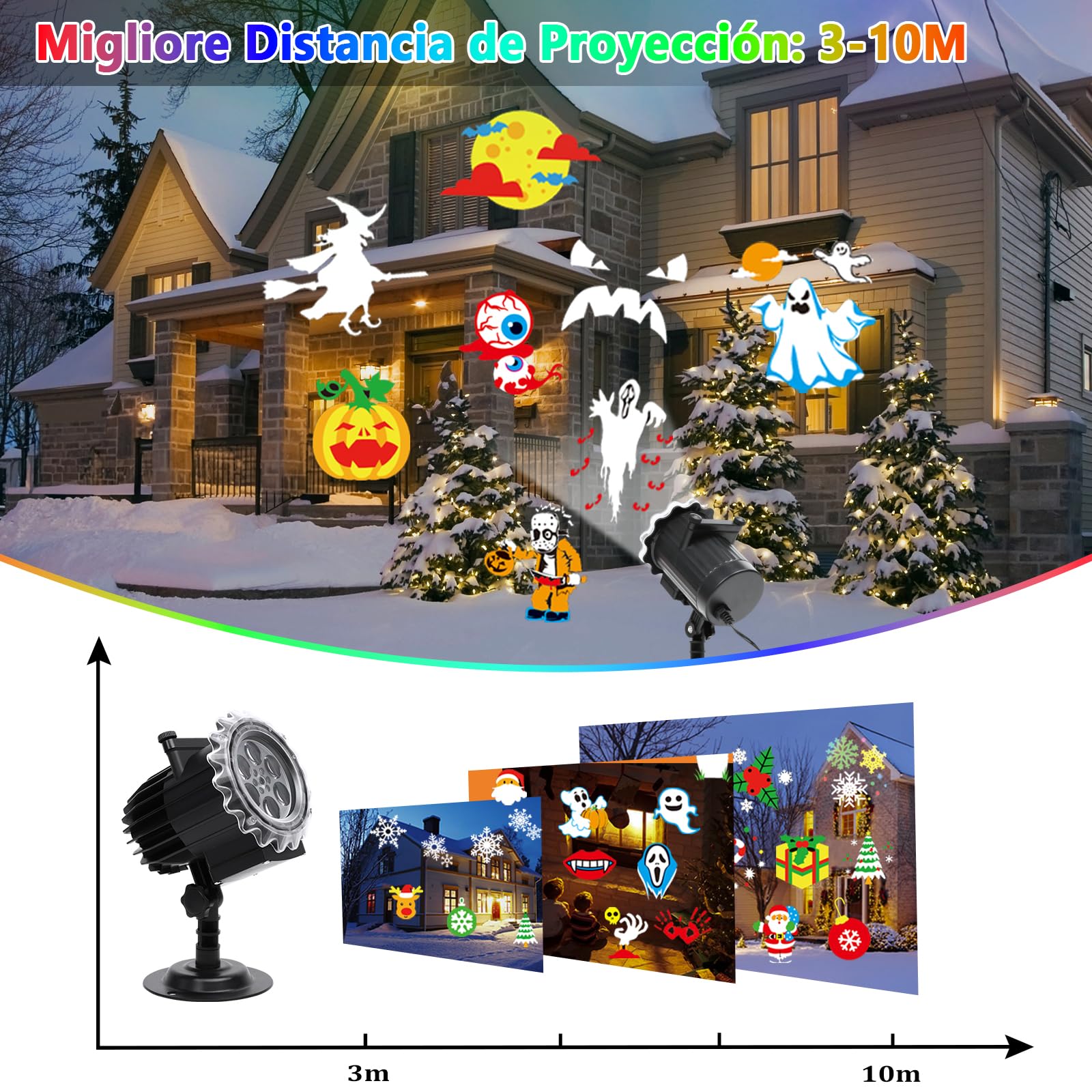 Proyector Navidad y Halloween Exterior Interior, 12 HD Patrones LED Luces de Proyector Navidad Luz Lámpara de Proyección IP65 Impermeable con Control Remoto para Fiestas, Jardines, Patios