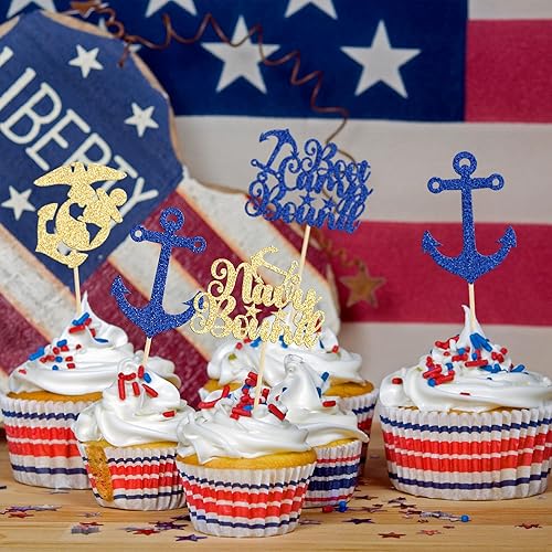 Miniatura 5 de 24 piezas de decoración para cupcakes con temática militar con purpurina para botas de campamento, decoración de cupcakes con temática azul marino,