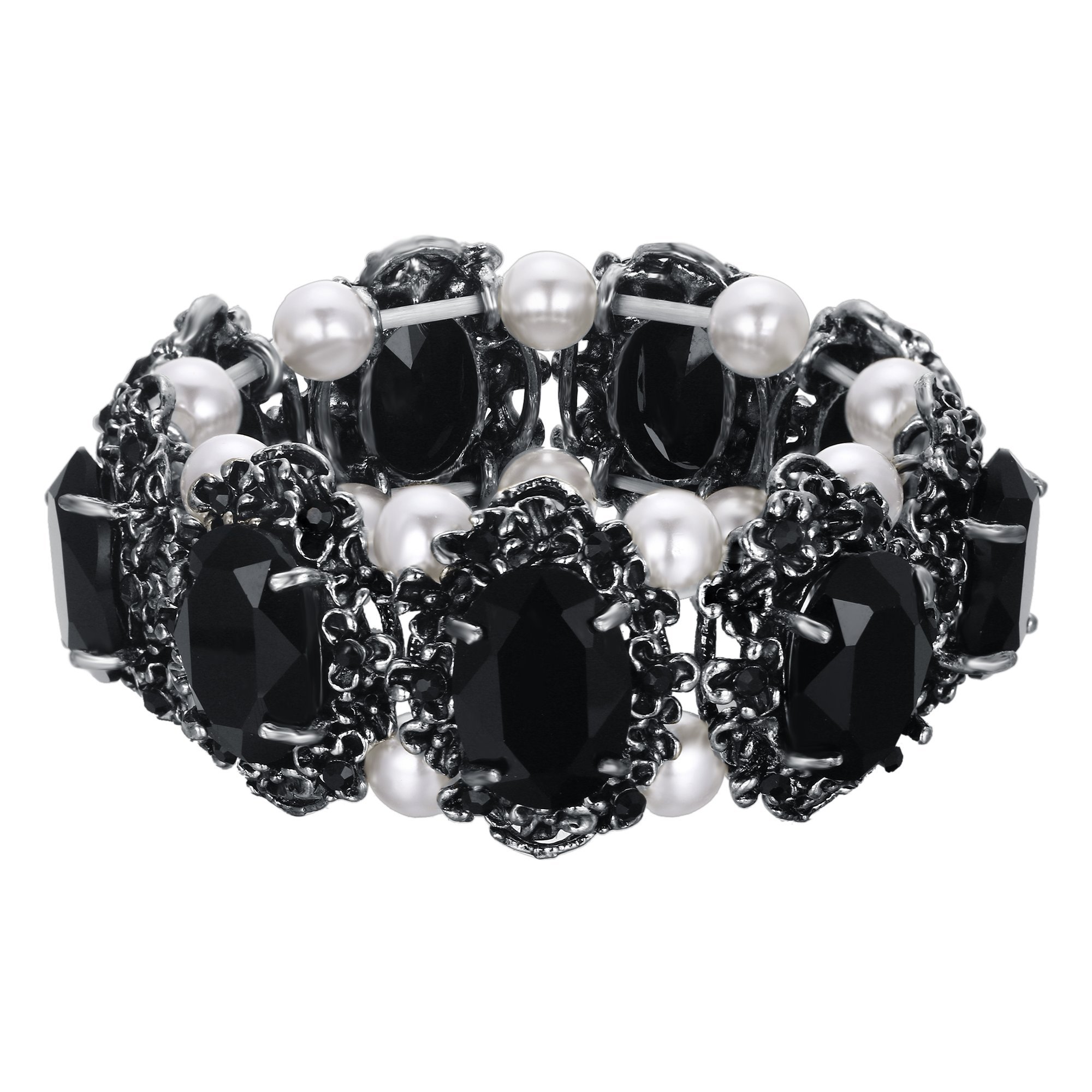 BriLove Women's Victorian Style Crystal Simulated Pearl Multi Floral Cameo Inspired Oval Stretch Bracelet