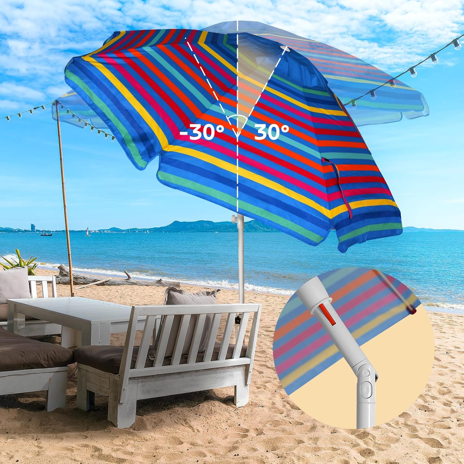 Abba Patio 7ft Beach Umbrella with Adjustable Tilt, UPF 30+ Protection, Carry Bag, Heavy Duty Outdoor Sun Shade for Pool, Garden, Patio and Beach, Colored Stripe