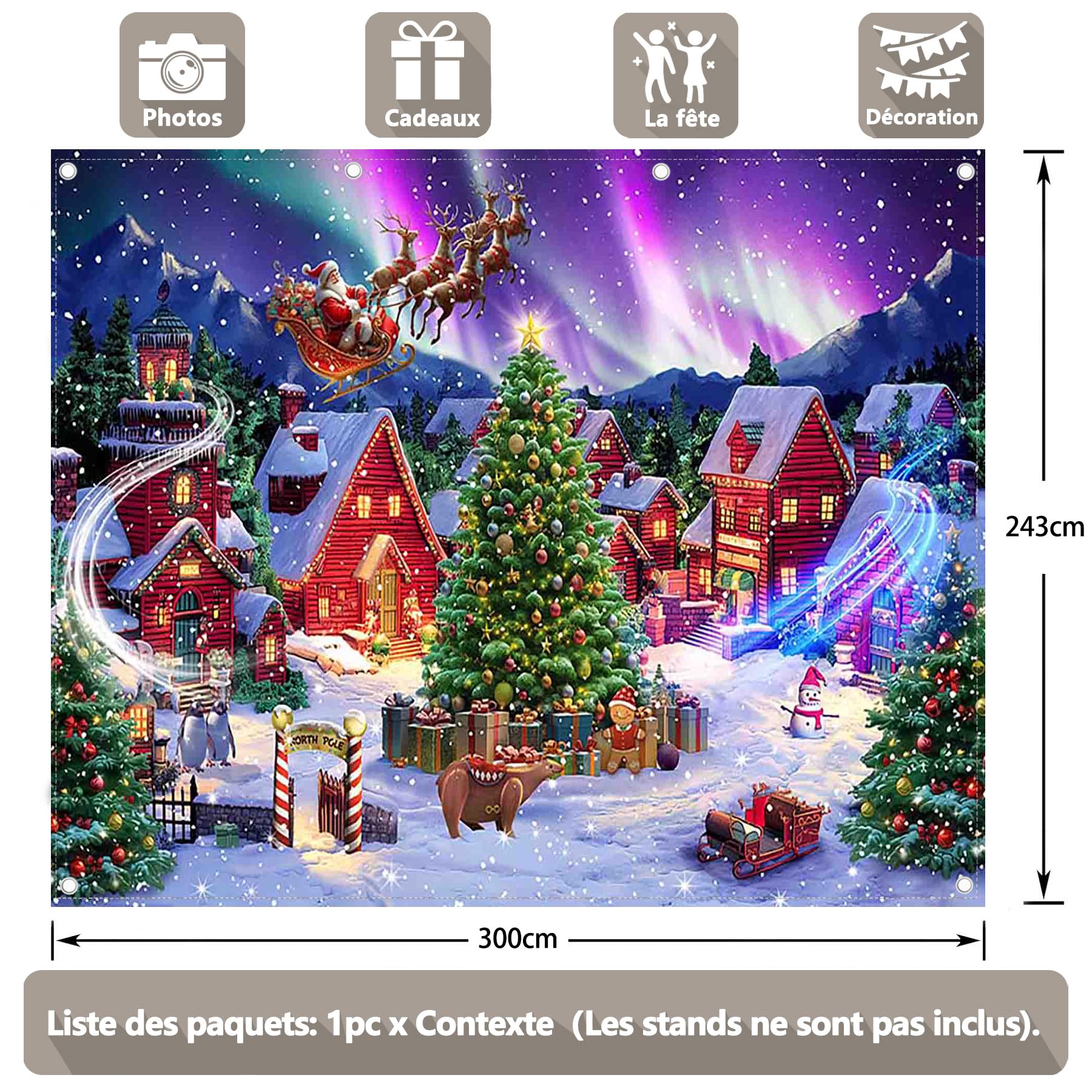 Luminora 3 x 2,4 m Toile de Fond Ville Arctique de Noël, Maison des Elfes | aurore polaire, Père Noël, pays des merveilles, bonhomme de neige d'hiver, décoration de traîneau, bannière photo de fête
