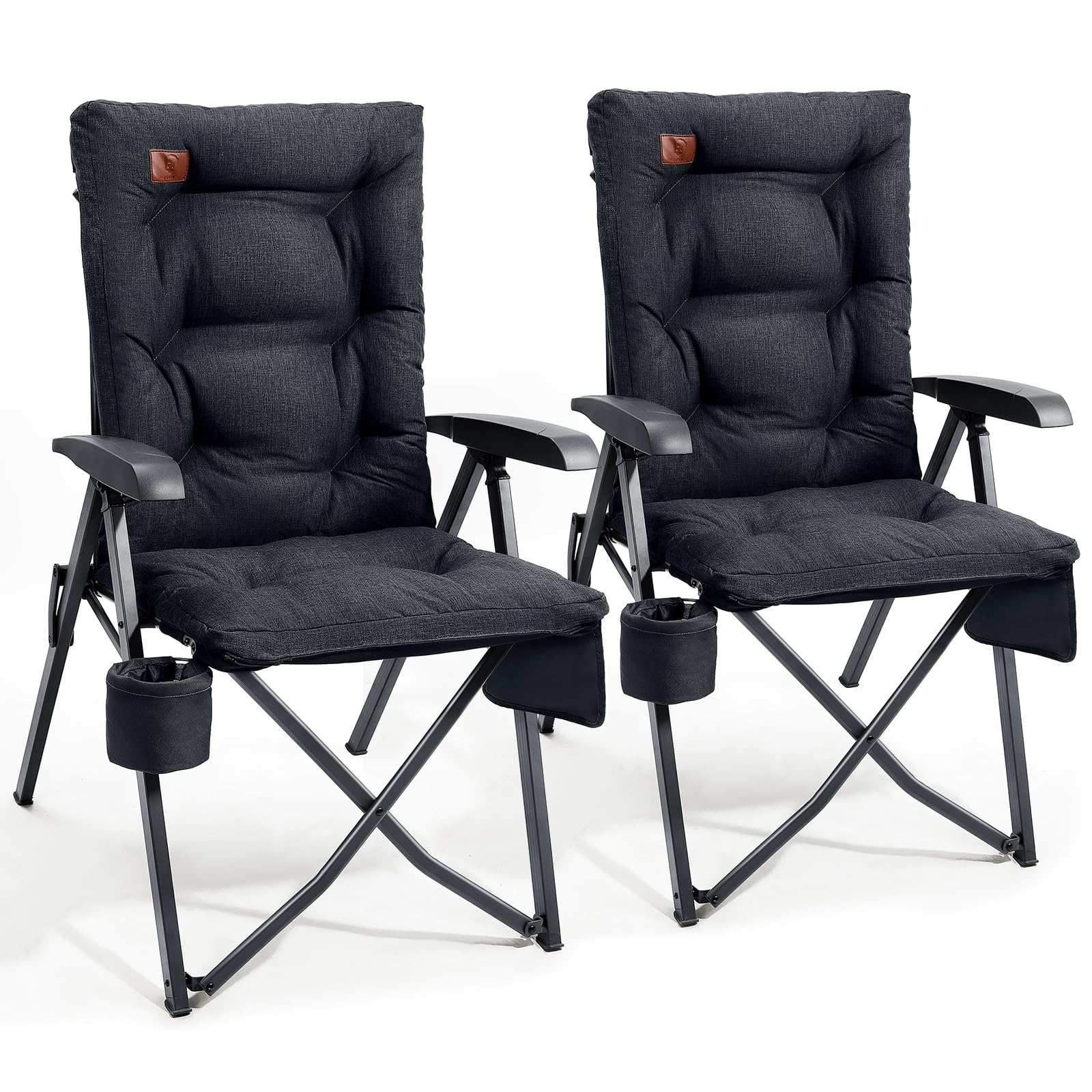 EVER ADVANCED Luxury Camping Chairs 2 Set for Adults Heavy Duty High Back Oversized Folding Garden Chair Comfy Padded 6cm Loadable 150kg Cam Adjustable Dining Chairs 4-Position Recliner Black