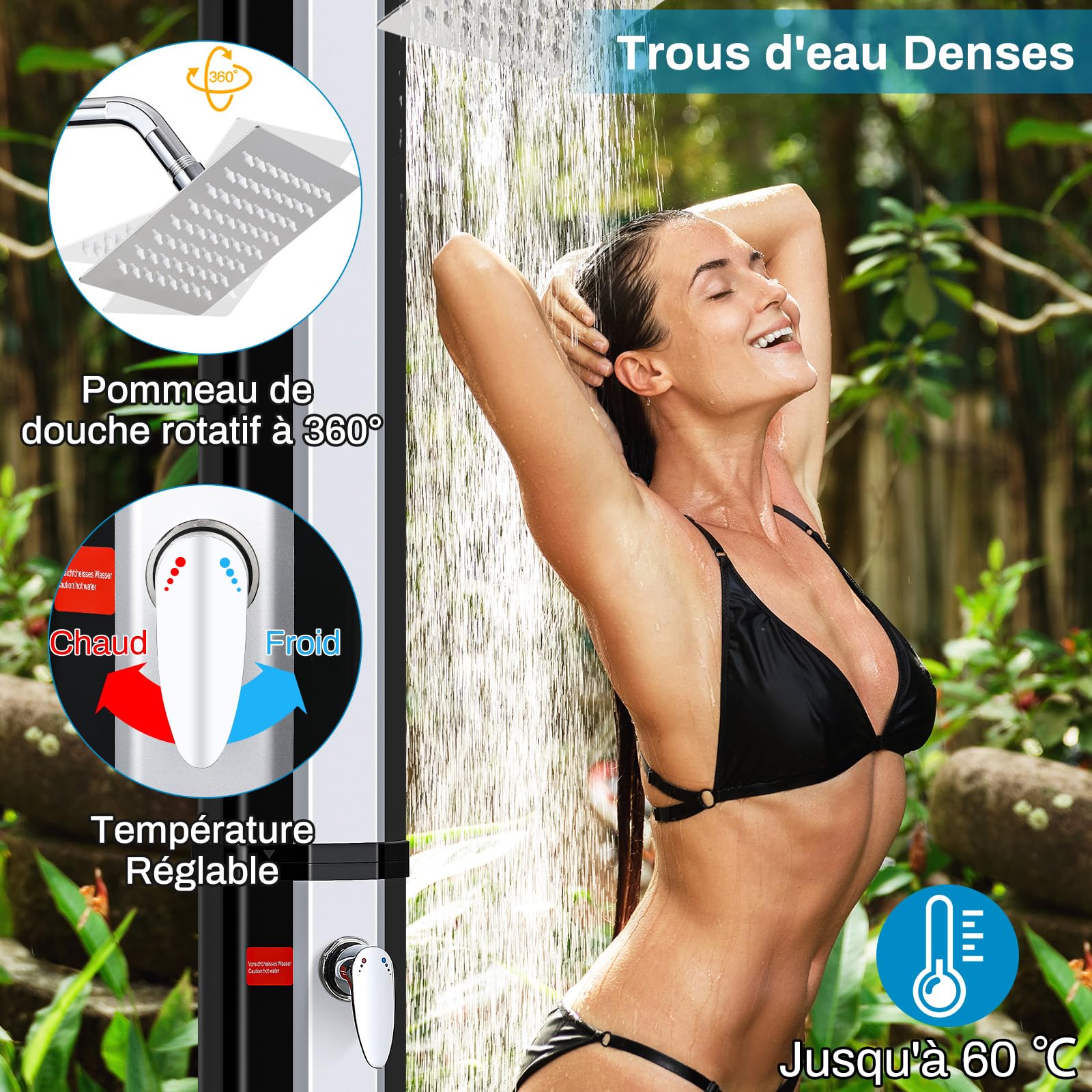 Douche Solaire 35L, 217cm, Douche de Jardin Solaire, Douche de Piscine avec Pommeau de Douche, Douche à Pieds et Housse de Protection, sans Raccordement Électrique, Température de l'Eau jusqu'à 60°C