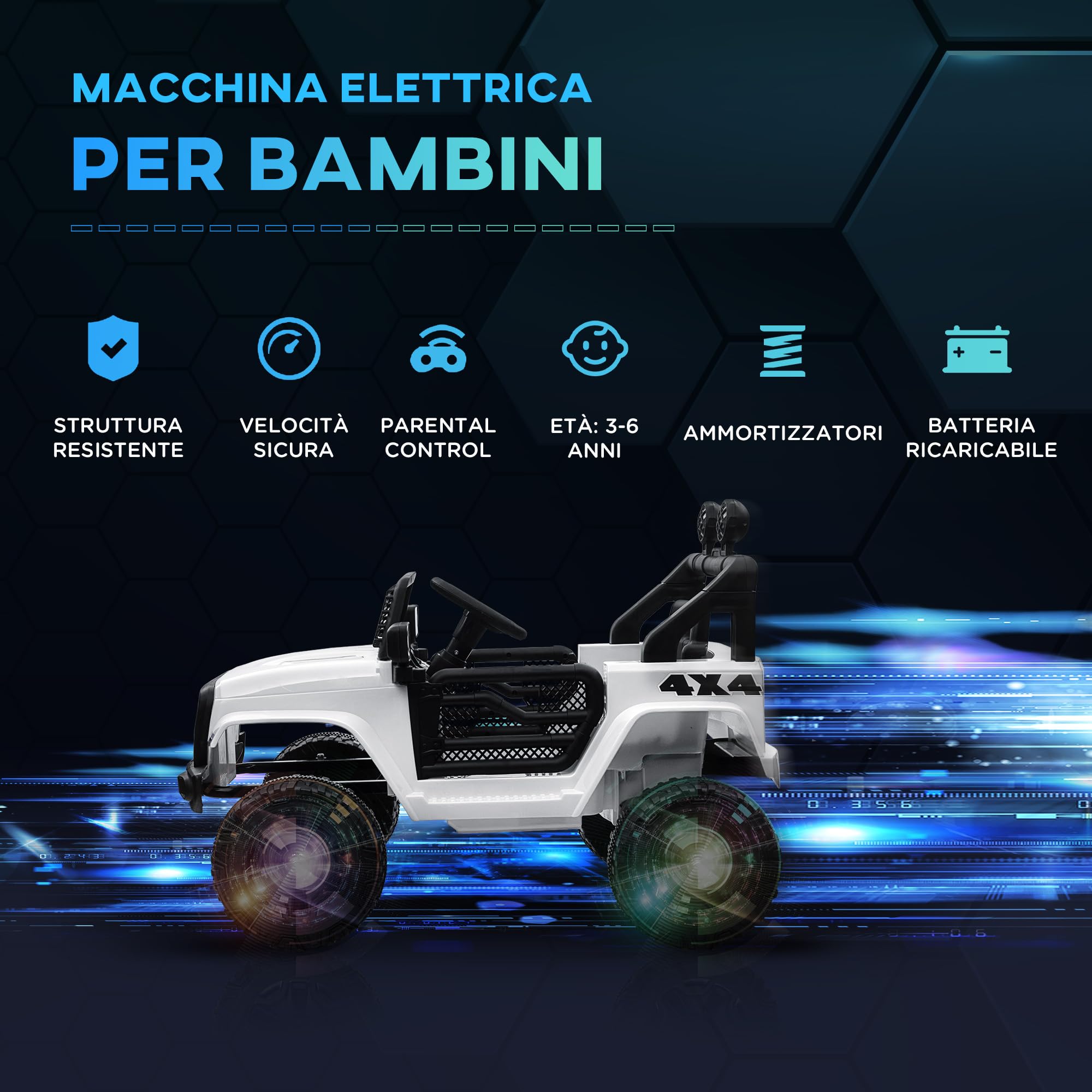 HOMCOM Macchina Elettrica per Bambini 12V Fuoristrada, 100x65x72 cm Bianco | Auto Elettrica per Bambini con Telecomando, 2 Motori e 2 Portiere, Velocità 3-5km/h