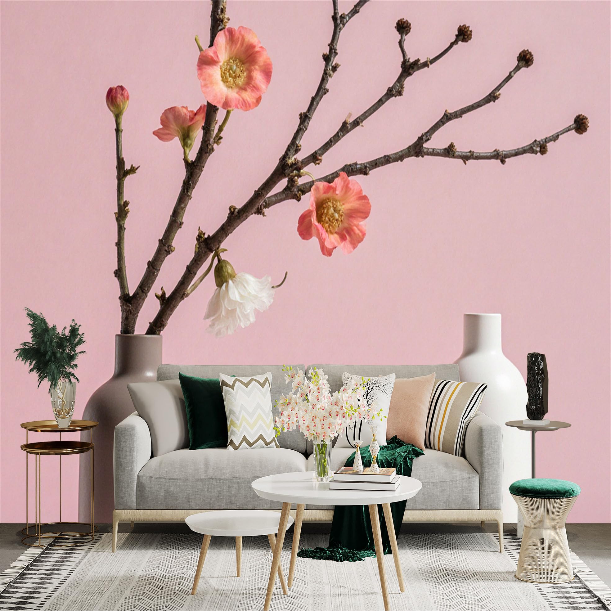 Custom Size Wall Sticker Mural， Minimalist Pink Aesthetic with Delicate Blossoming Branches， Modern Ceramic Vases， Soft Pastel Background， for wall Decoration， peelandstick wall Decals.