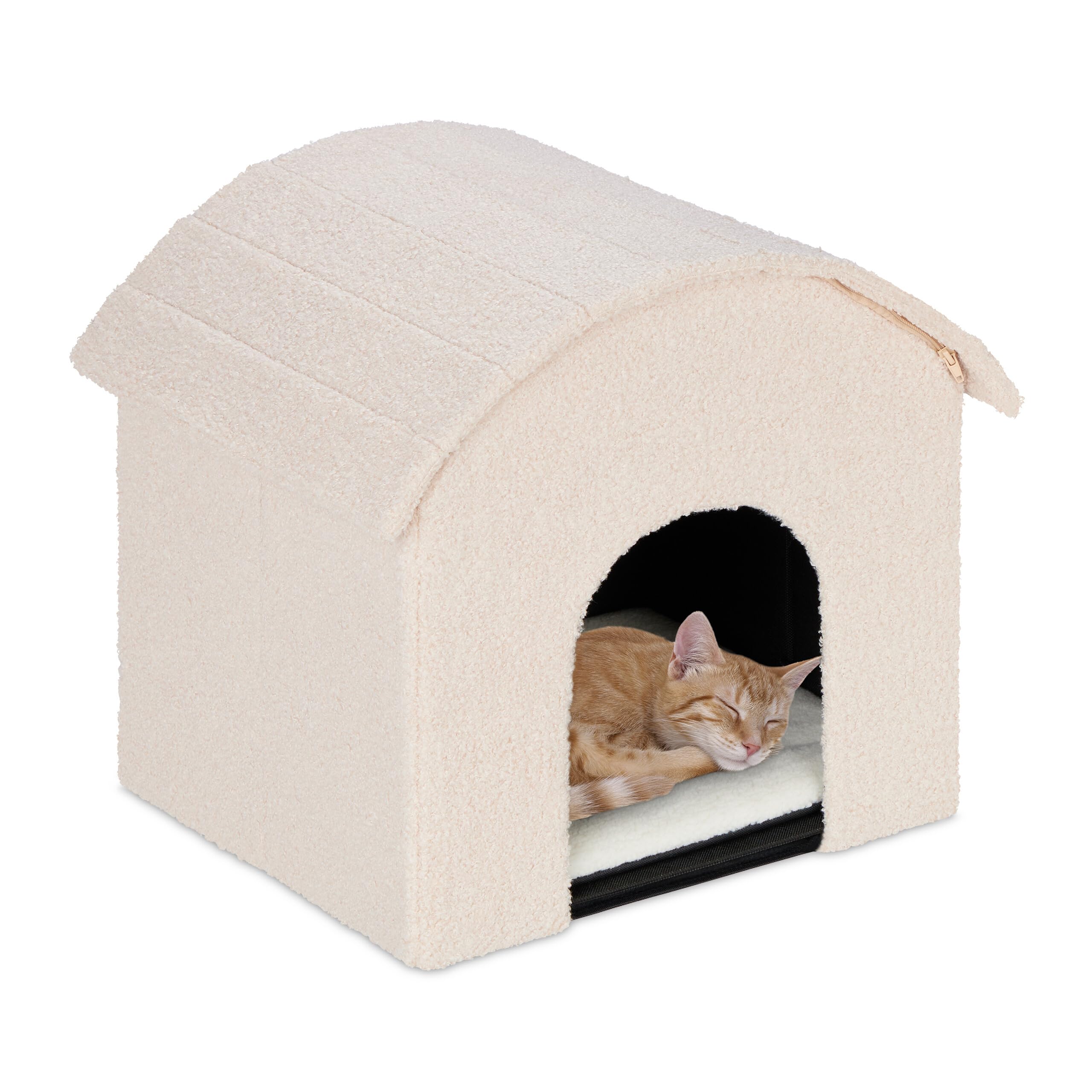 Relaxdays Cat Cave, Foldable, Fluffy, Sleeping Place with Scratching Surface, HxWxD: 44 x 48 x 41 cm, Beige/Tan, Polyester