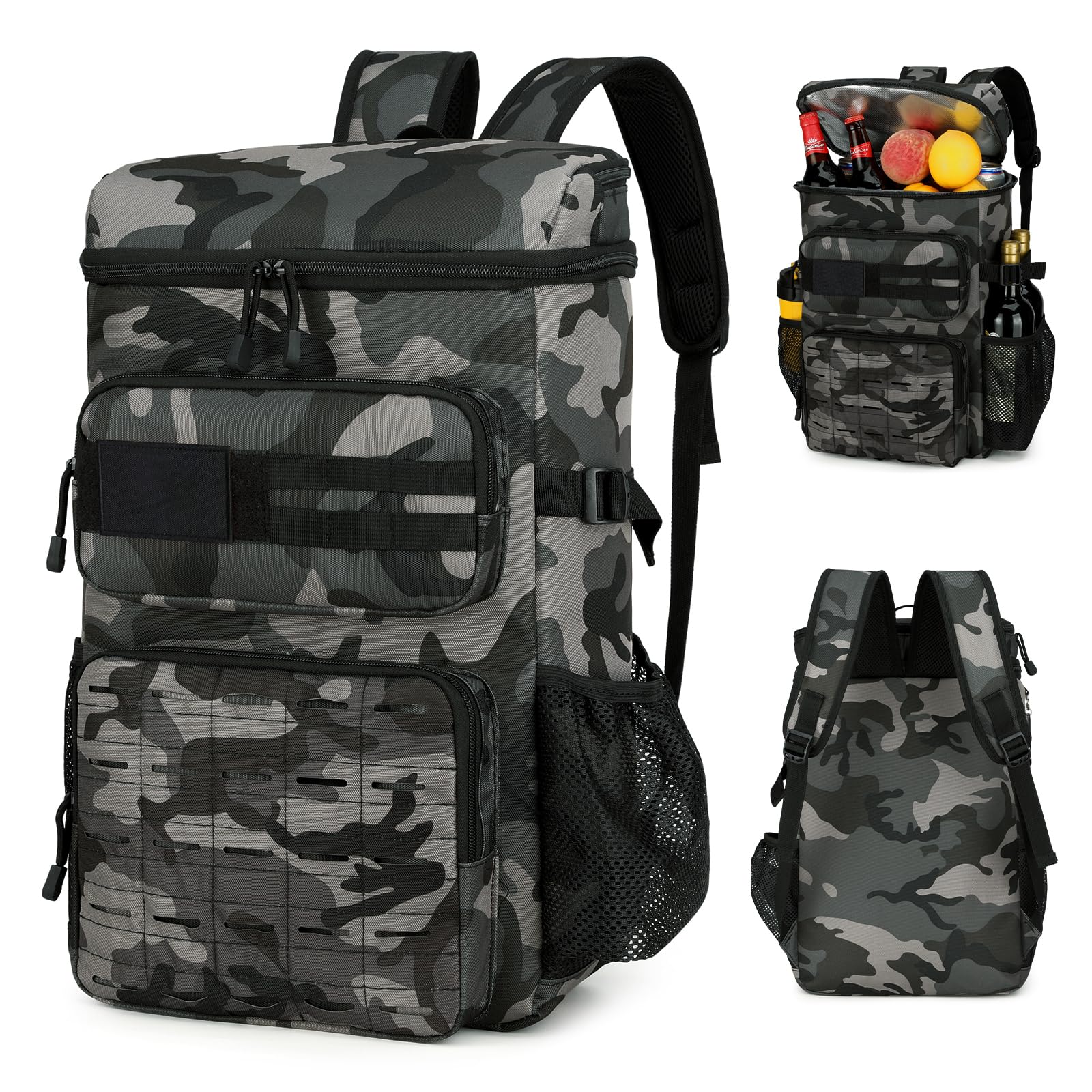 Outplea 30L Tactical Cooler Backpack Insulated Leak-Proof, 30 Cans Lightweight Backpack Cooler Rucksack for Camping Beach Picnic, Grey Camo