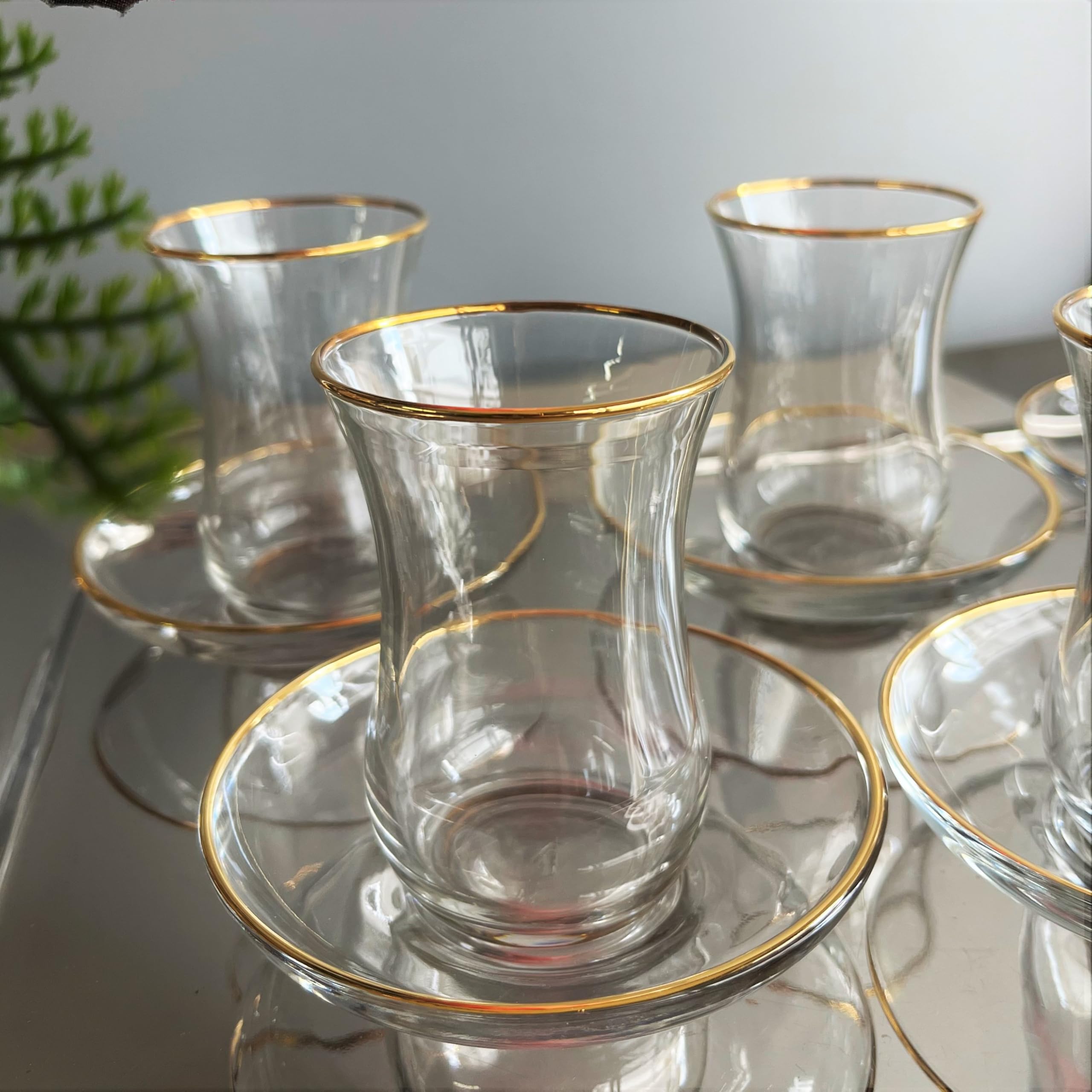 Erdem Kristal Turkish Tea Cups and Saucers, Set of Six, Teacup, Clear Glass Cup and Saucer Set, Gold Accented, Ideal use for coffee, espresso and cold drinks (4)