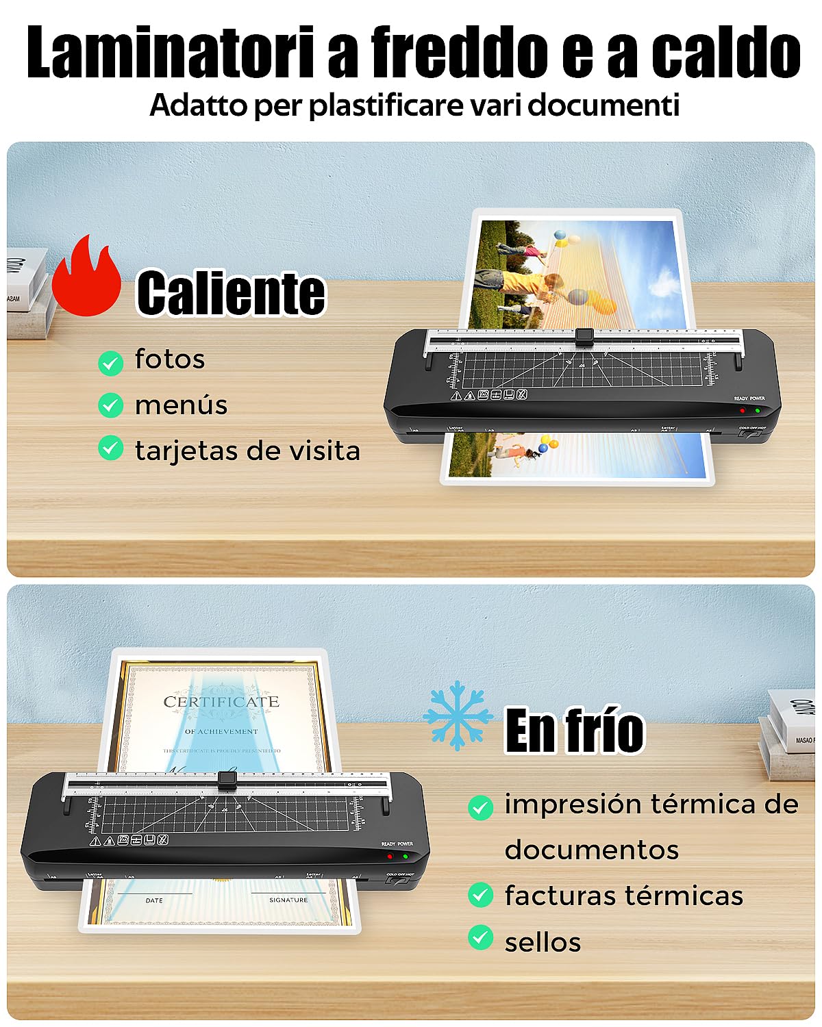 Plastificadora, plastificadora A3 de 70 segundos calentamiento rápido, Máquina de Laminadora Frío y Caliente con Cortador Integrado y 50 bolsas laminadas para uso doméstico, oficina, escuela, fotos