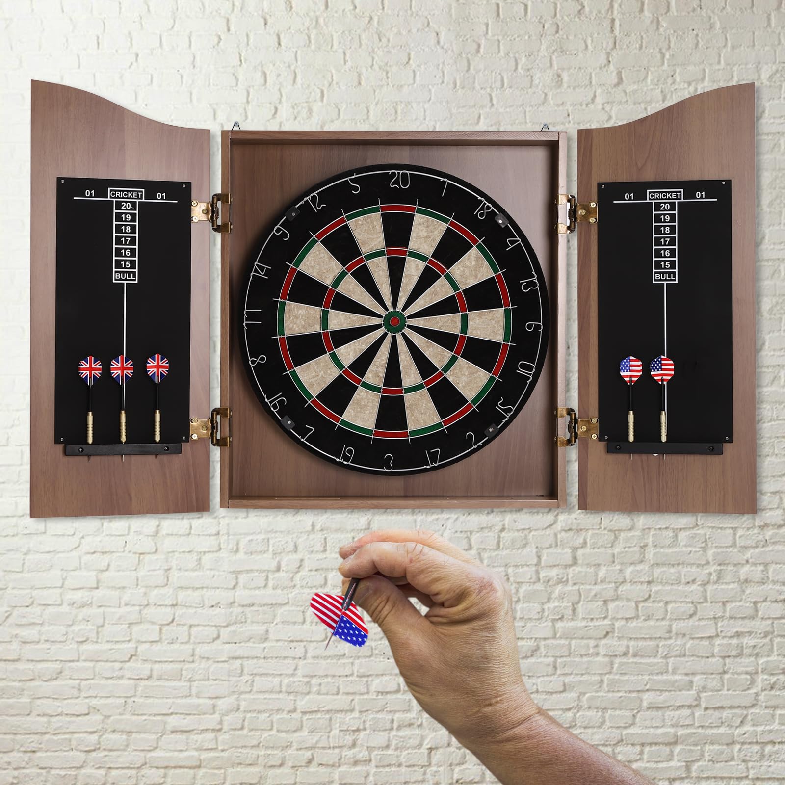 Lidhujnk Dartboard Cabinet Set, Brown Wall-Mounted Wooden Dartboard W/Cabinet & Dart Boards Set, Decorative Dart Board Cabinet Set for Home Game Bar Accessories