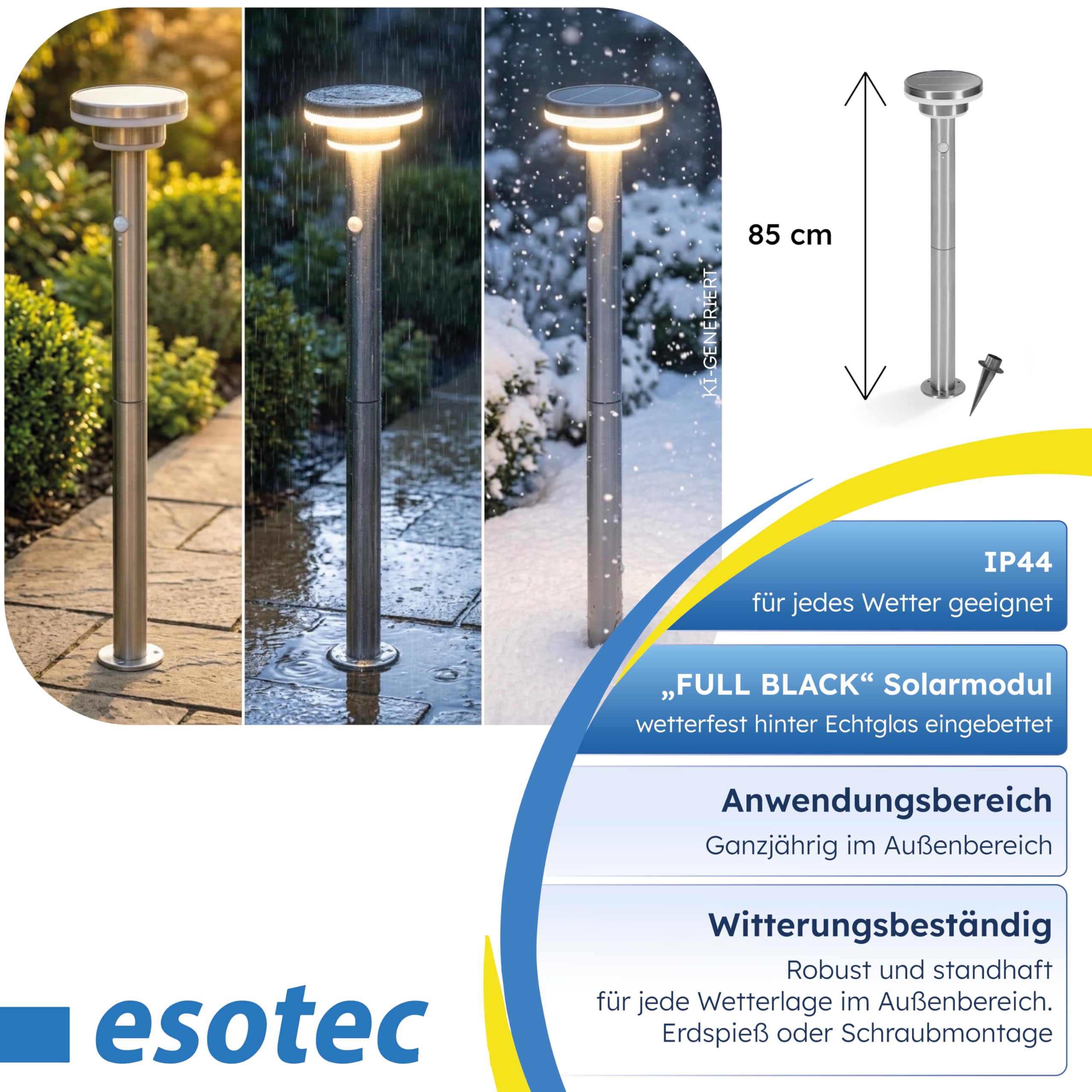 esotec Solar PIR Standleuchte Modena 85, Bewegungsmelder, 3 Leuchtmodi, Akku, LED Solarleuchte, Wegeleuchte, Gartenbeleuchtung, Metall, IP44, außen, wetterfest, silber, Höhe 85cm, 102755