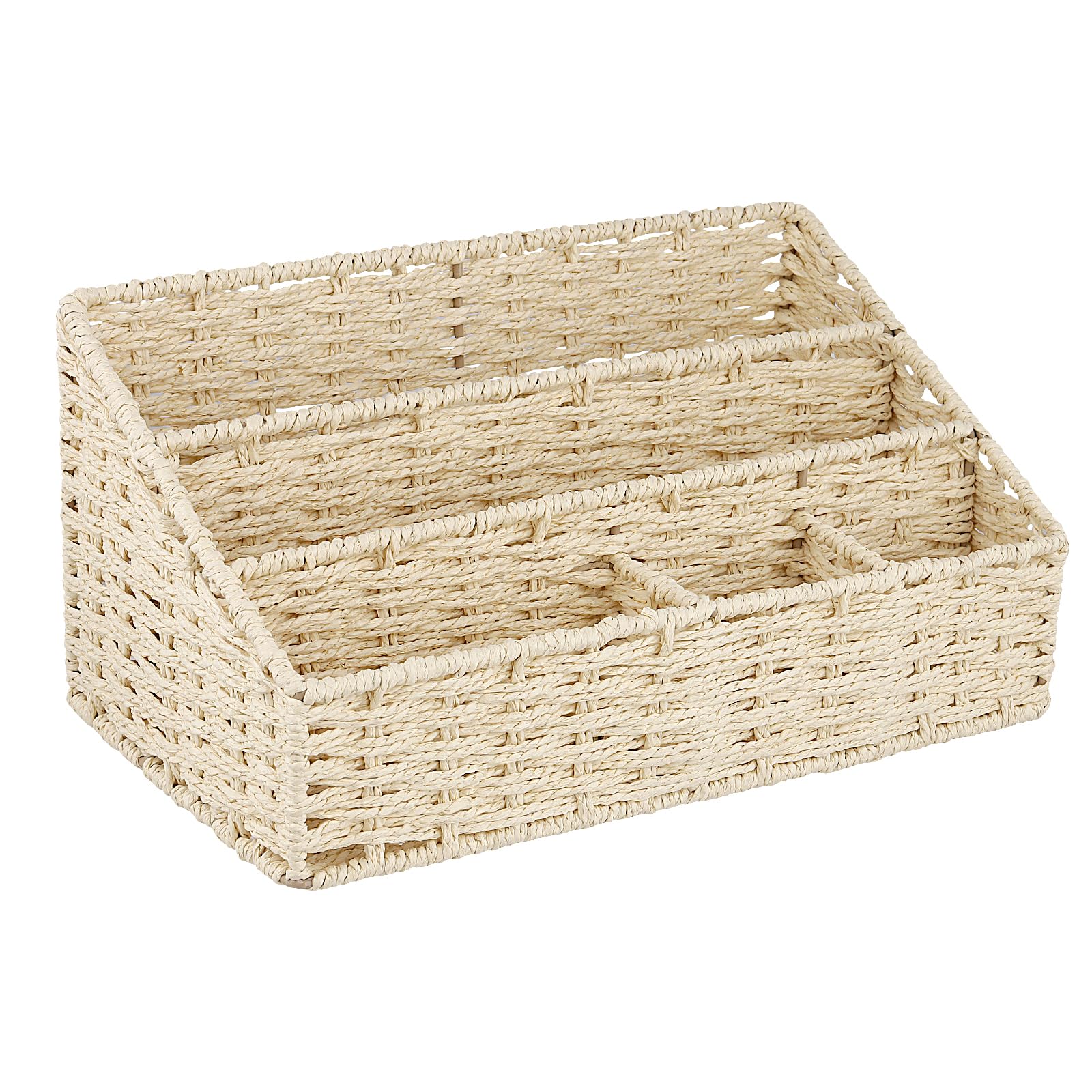 Organizer da Scrivania in Fibra Naturale, Portapenne con 4 Scomparti, Mensola a 3 Ripiani in Cordoncino di Carta e Ferro, Beige, 33 x 18 x 15,5 cm