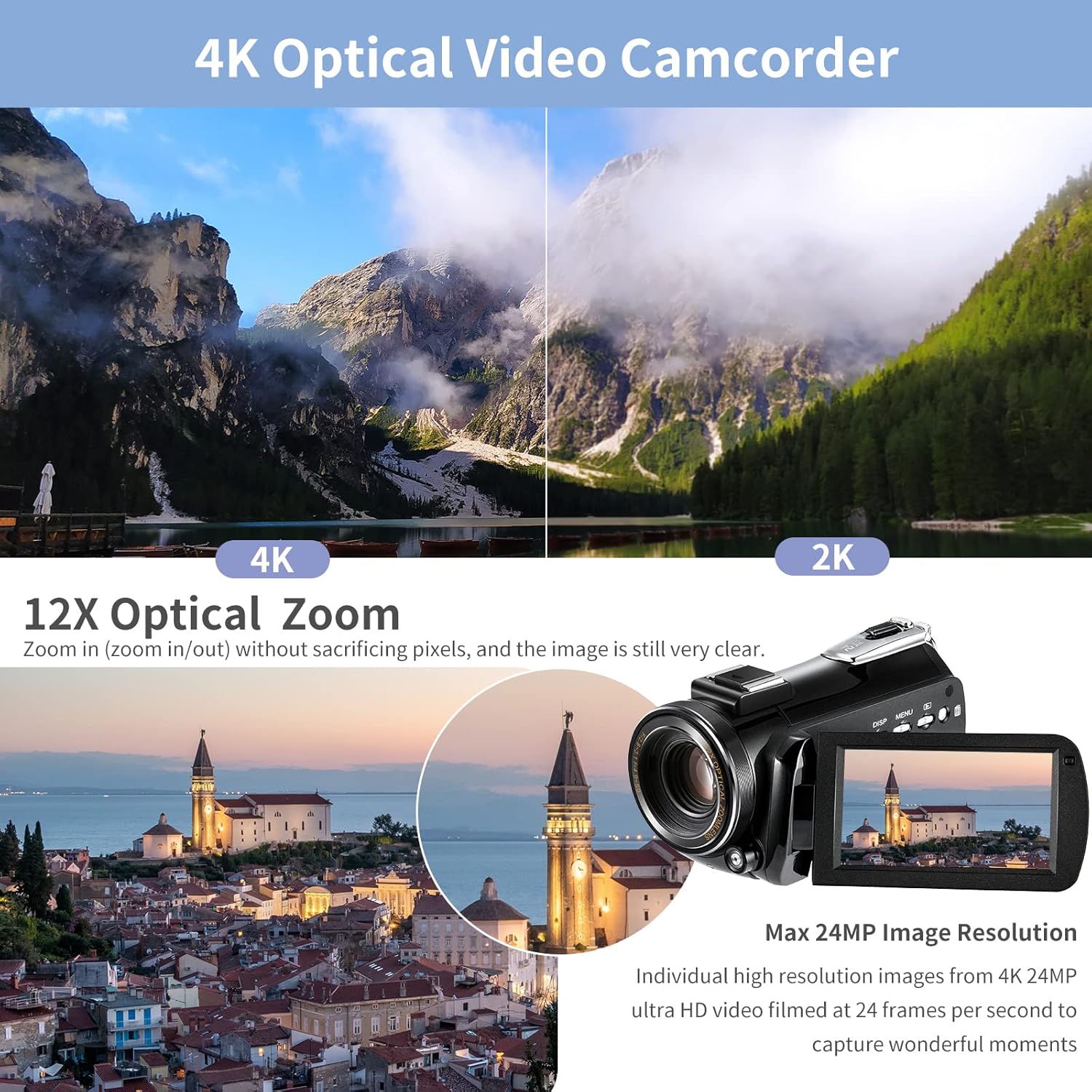 ORDRO 4K Camcorder AC5 Plus Live Streaming Video Camcorder, 12X Optical Vlog Camera for YouTube, 3.1'' Rotatable Screen Autofocus WiFi Camera with SD Card, Stabilizer, Mic, Wide Angle Lens, Batteries
