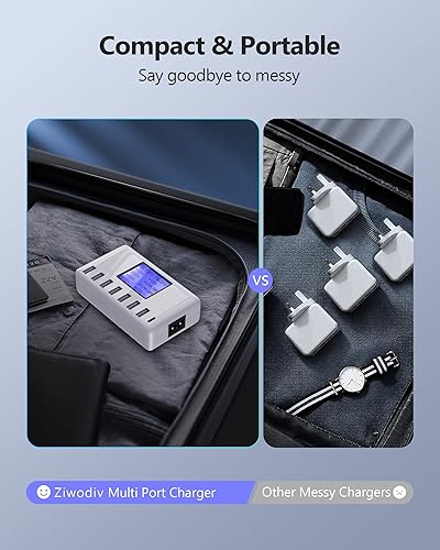 Miniatura 6 de Estación de carga USB de 8 puertos, concentrador USB C multipuerto de 60 W/12 A con pantalla LCD para múltiples dispositivos, carga compacta de