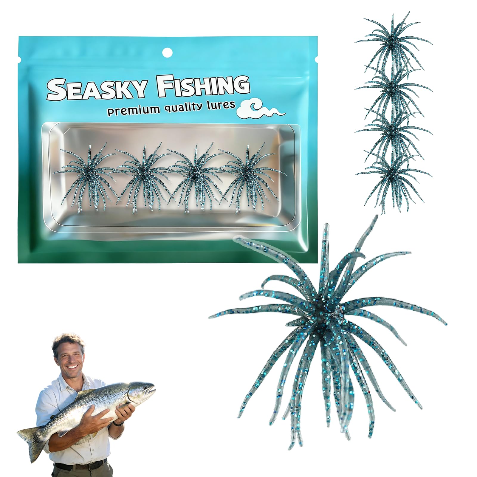 4Pcs Dice Bait, Floating TPR Swimbait with Reflective Stars,Tentacle Creature Lure, Sea Urchin Style Soft Plastic Baits, for Bass Fishing Drop Shot, Wacky Rig/Neko Rig and Finesse, Slow Sinking