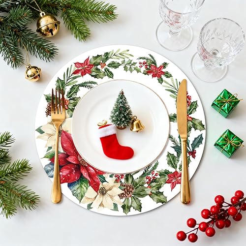 Miniatura 2 de Tarklanda Juego de 6 manteles individuales florales de Navidad, redondos, lavables, de vinilo, de 13.4 pulgadas, manteles individuales de plástico