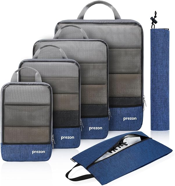 Prezon Compression Packing Cubes with Travel Shoes Bag and Laundry Bag, Luggage Organiser Set, Extensible Suitcase Organiser, Packing Organisers for Suitcases, Packing Cubes for Travel or Storage