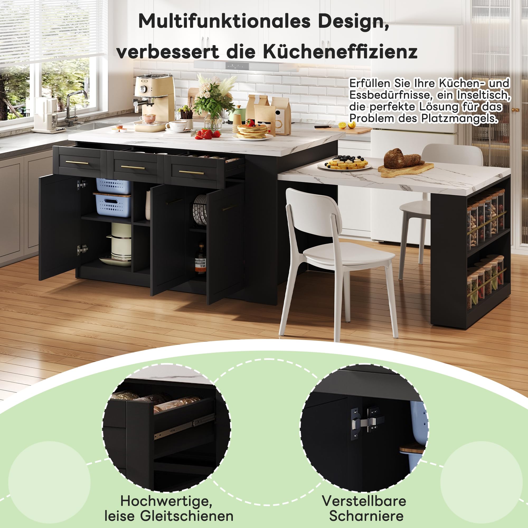 Kücheninsel mit Ausziehtisch 150+96cm, Freestanding Kitchen Island Kücheninseln mit Schwarz ausziehbarer Esstisch,Weiß marmorierte Holzarbeitsplatte/Tisch, mit Stauschränke für Familienküchen