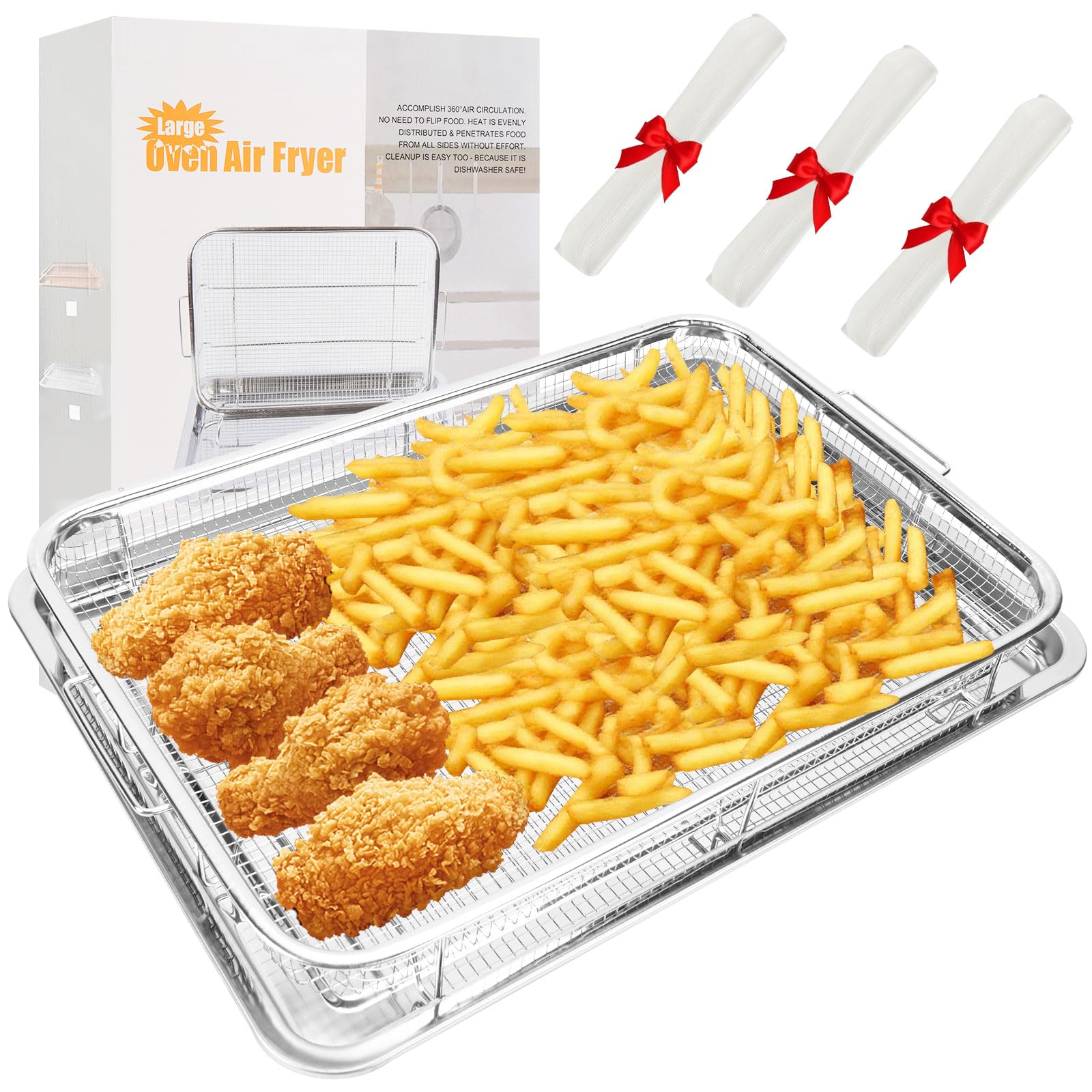 Air Fryer Basket for Oven 15.6" x 11.6",With Basket and Tray Set,Stainless Steel Air Fryer Basket Non-Stick,With 100 PCS Parchment Papers