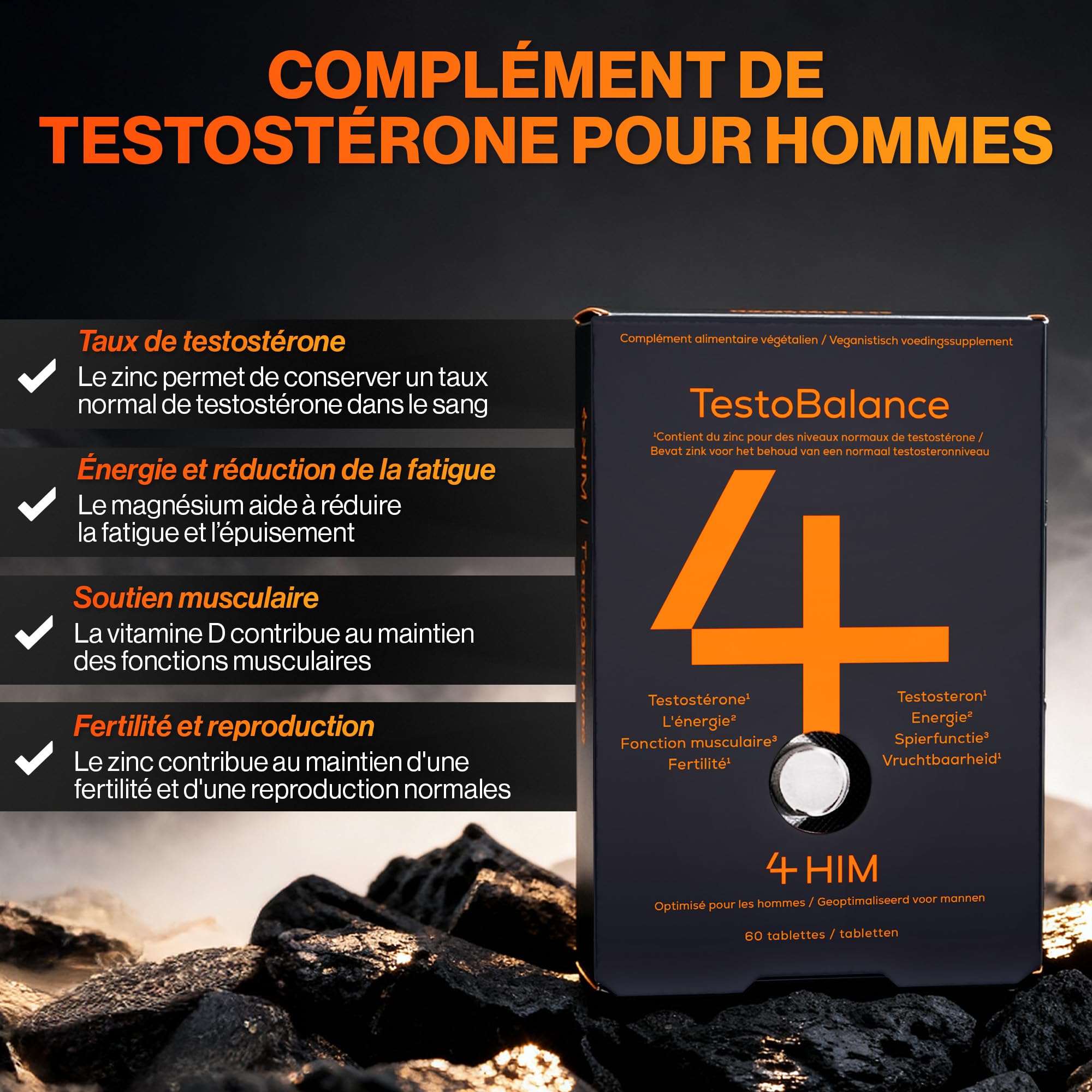 4 HIM TestoBalance - Énergie et Fonction Musculaire - avec Zinc, L-Arginine, Ginseng et Fenugrec - 60 Comprimés Végétaliens