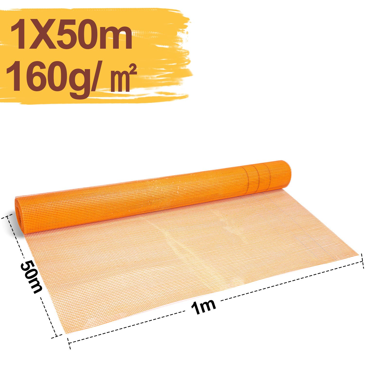 Rete di rinforzo 160 g/m² 1 x 50 m, 4 x 4 mm, in fibra di vetro per intonaco interno ed esterno, tessuto in gesso per facciata e WDVS, griglia di rinforzo resistente agli alcali, arancione