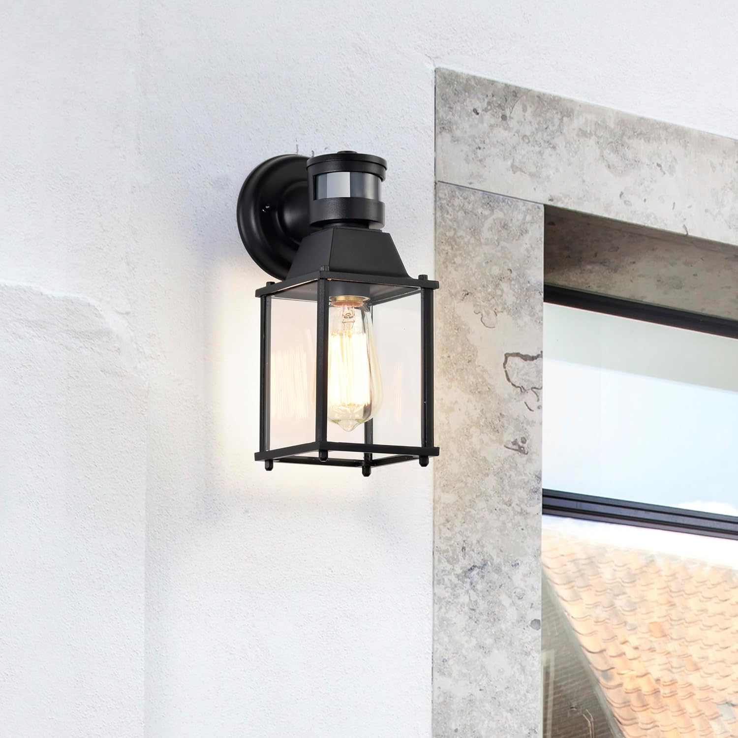 Black Hardwired Outdoor Wall Light with Motion Sensor and Glass Shade