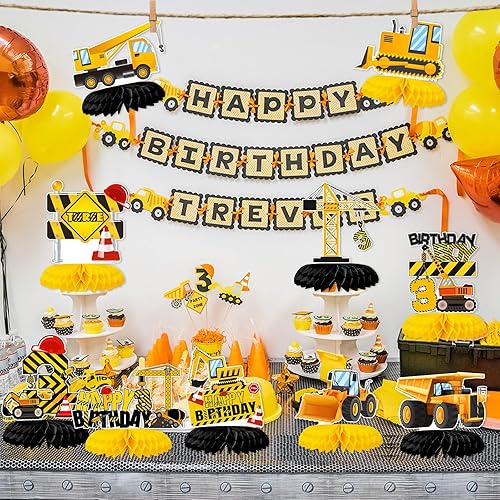 Miniatura 5 de 10 centros de mesa de construcción de panal de abeja para decoración de fiesta de tercer cumpleaños para niños, camión volquete, cono, zona de