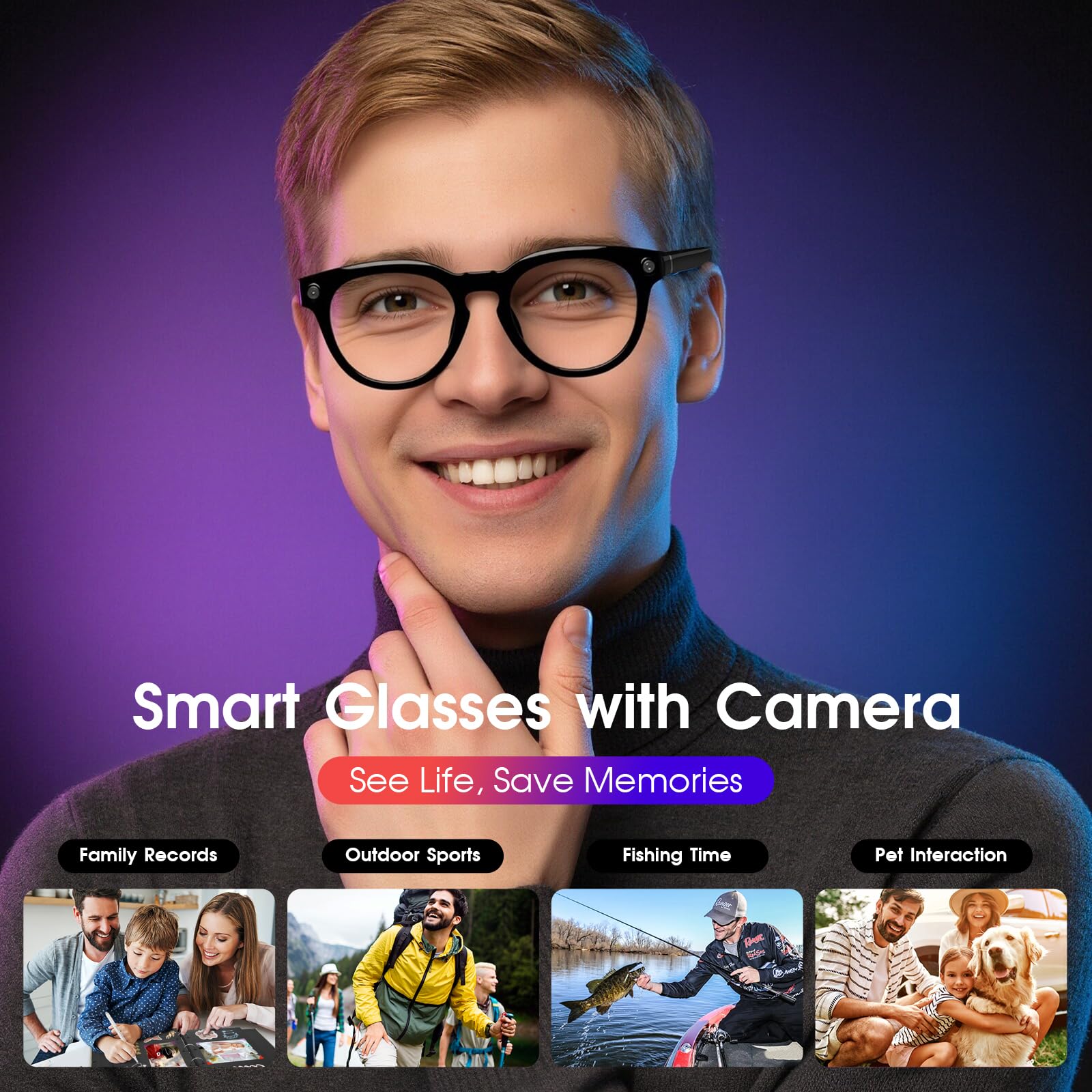 GenXenon Lunettes Connectées IA, Lunettes Caméra HD 8 MP – 220 mAh, Vidéo 1200P, Prise Photos et Vidéos, Verres Photochromiques AI Smart Glasses pour Cyclisme, Randonnée et Camping