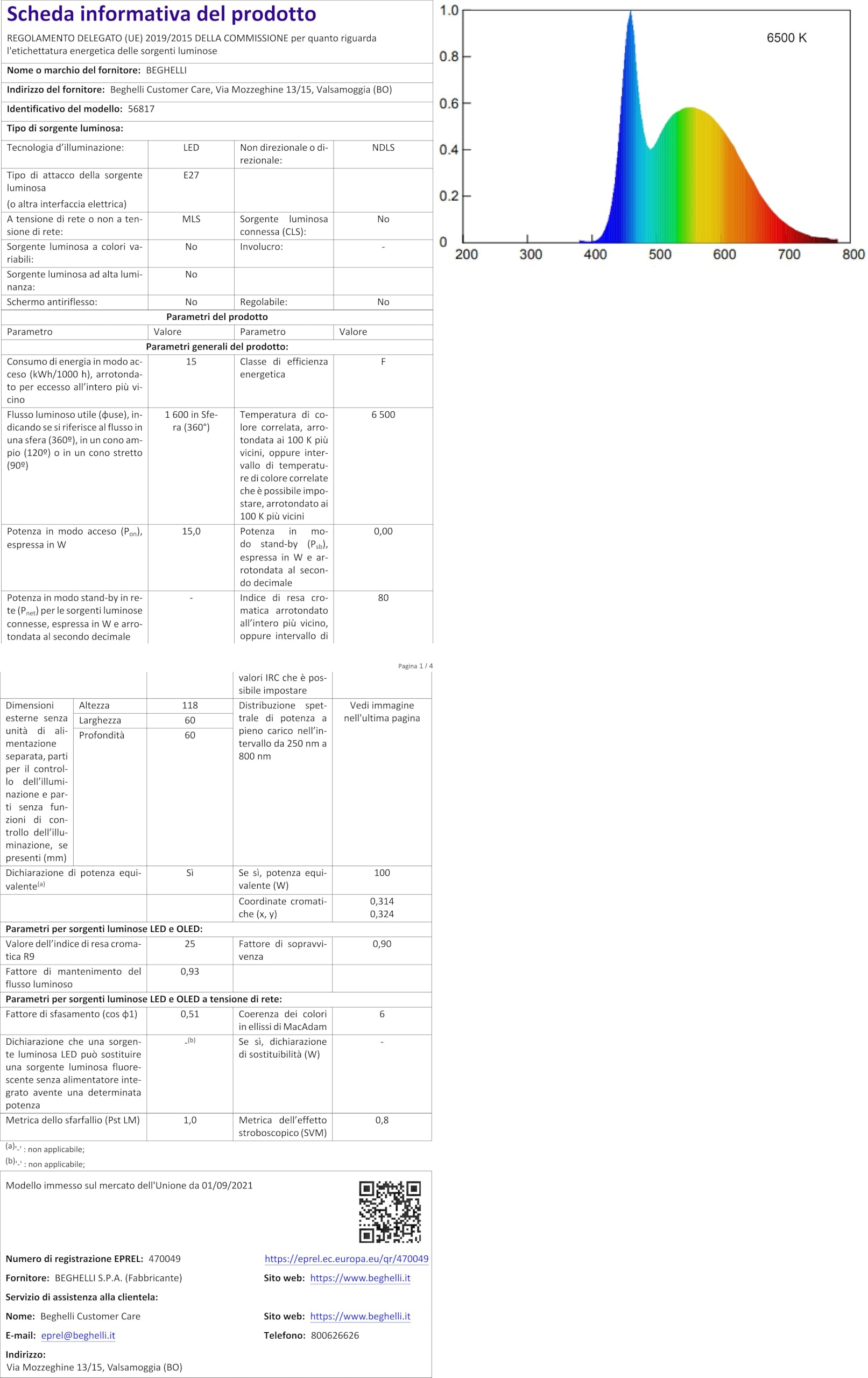 Ampoule Beghelli Goutte LED 15W E27 6500K Lumière Blanche 56802