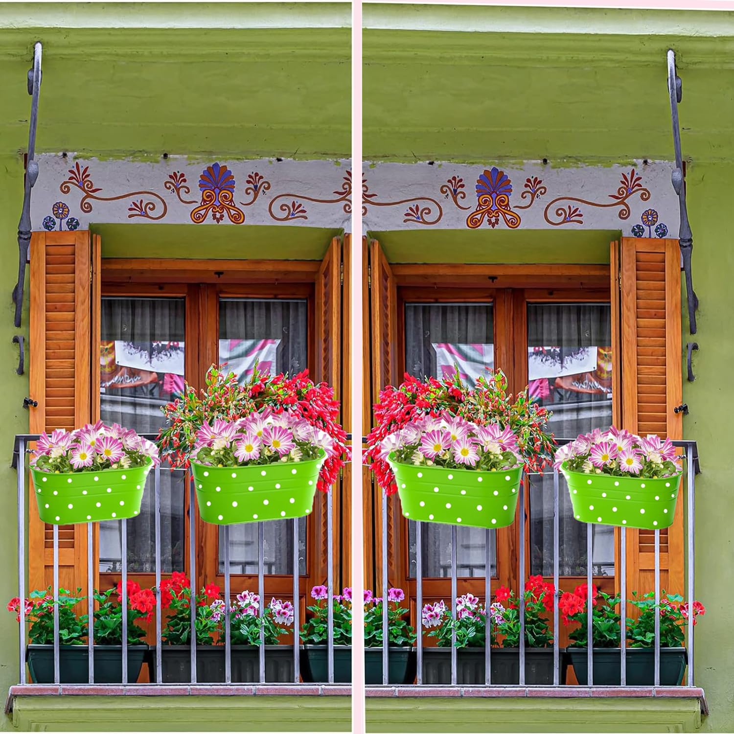 4 fioriere da appendere con ringhiera in metallo con foro di drenaggio, secchio da appendere per piante, con doppi ganci rimovibili, fioriera ovale per giardino, balcone, decorazione (verde)