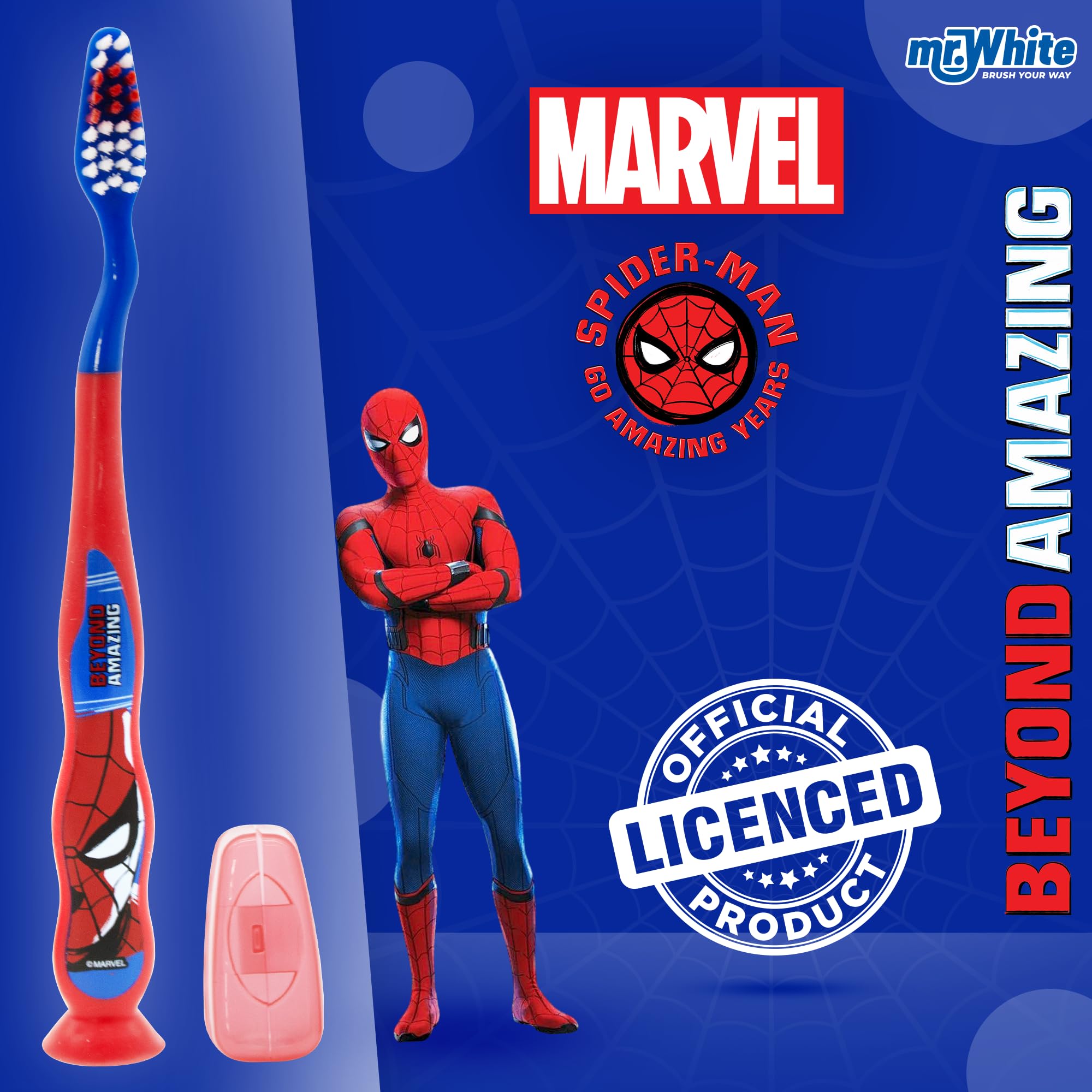 Spiderman szczoteczka do zębów z nasadką ochronną, przyssawką, wygodnym uchwytem i miękkim włosiem dla dzieci