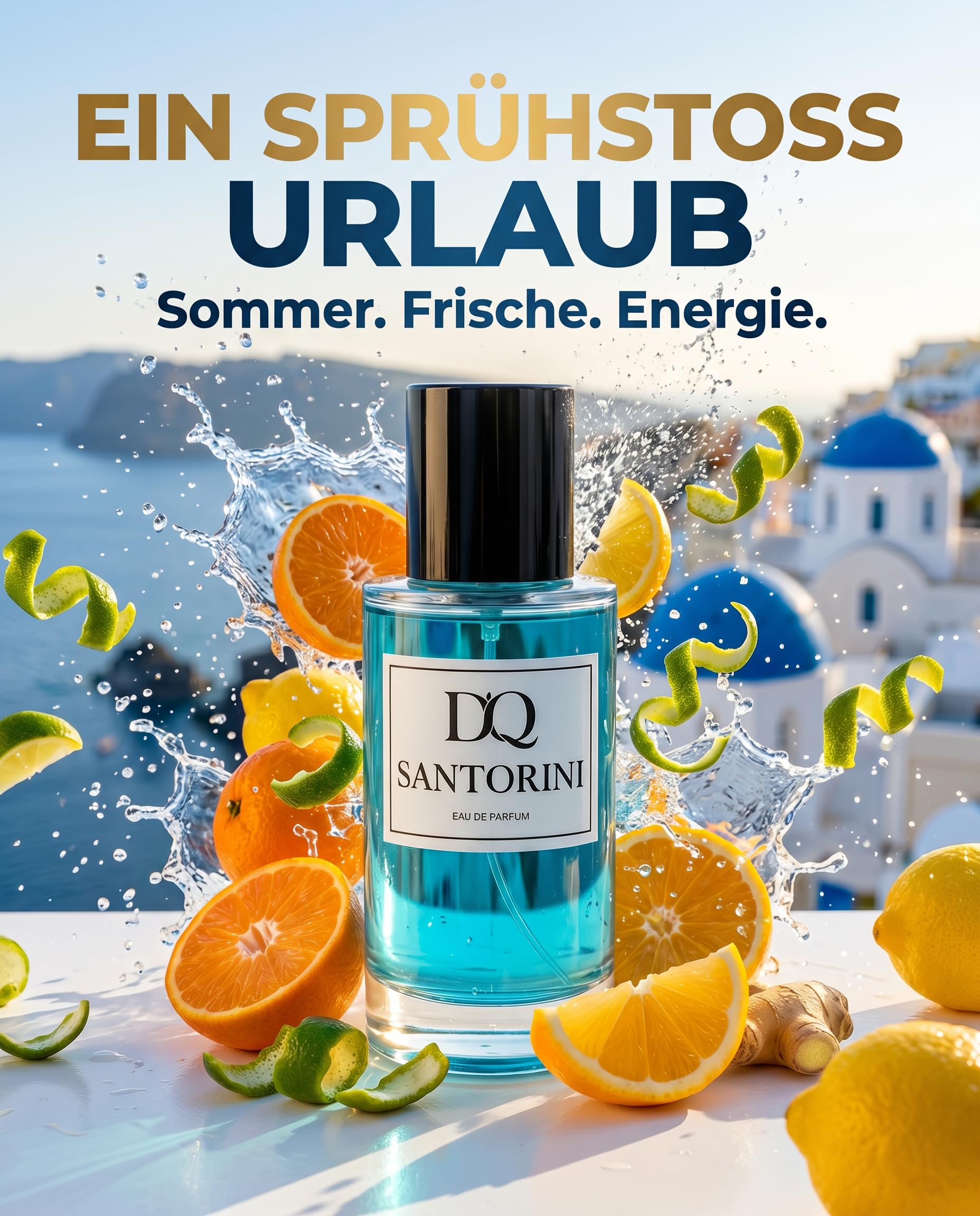 D'QAR Santorini Eau de Parfum 50 ml – Frischer Sommerduft mit Bergamotte, Zitrone & mediterranen Noten – Unisex Parfum für Damen und Herren