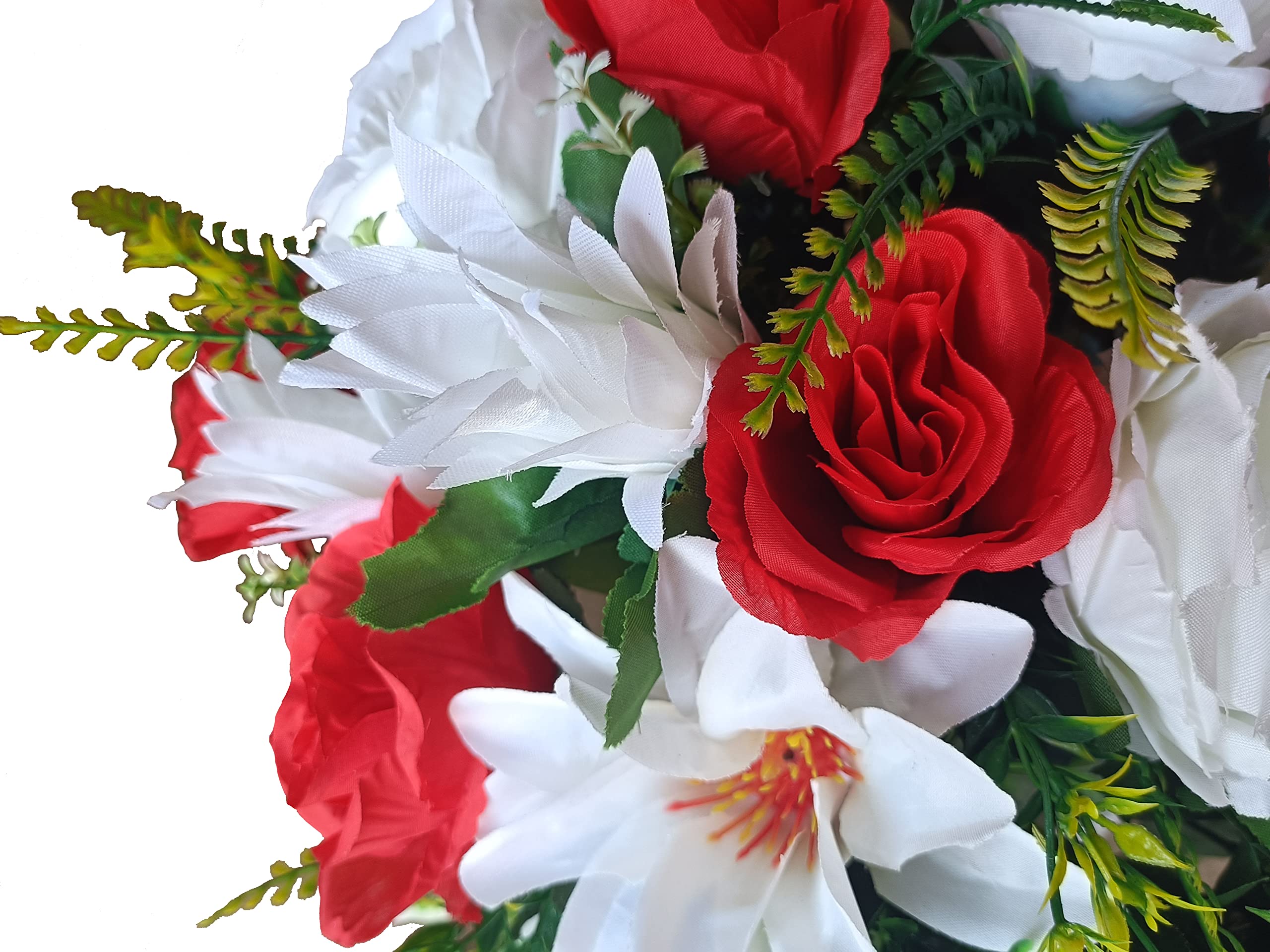 DRW Centro de Flores Artificiales Cementerio, Santos, Aniversarios Redondo Rosas Blancas y Rojas y claveles 45 cm diámetro x 35 cm Alto