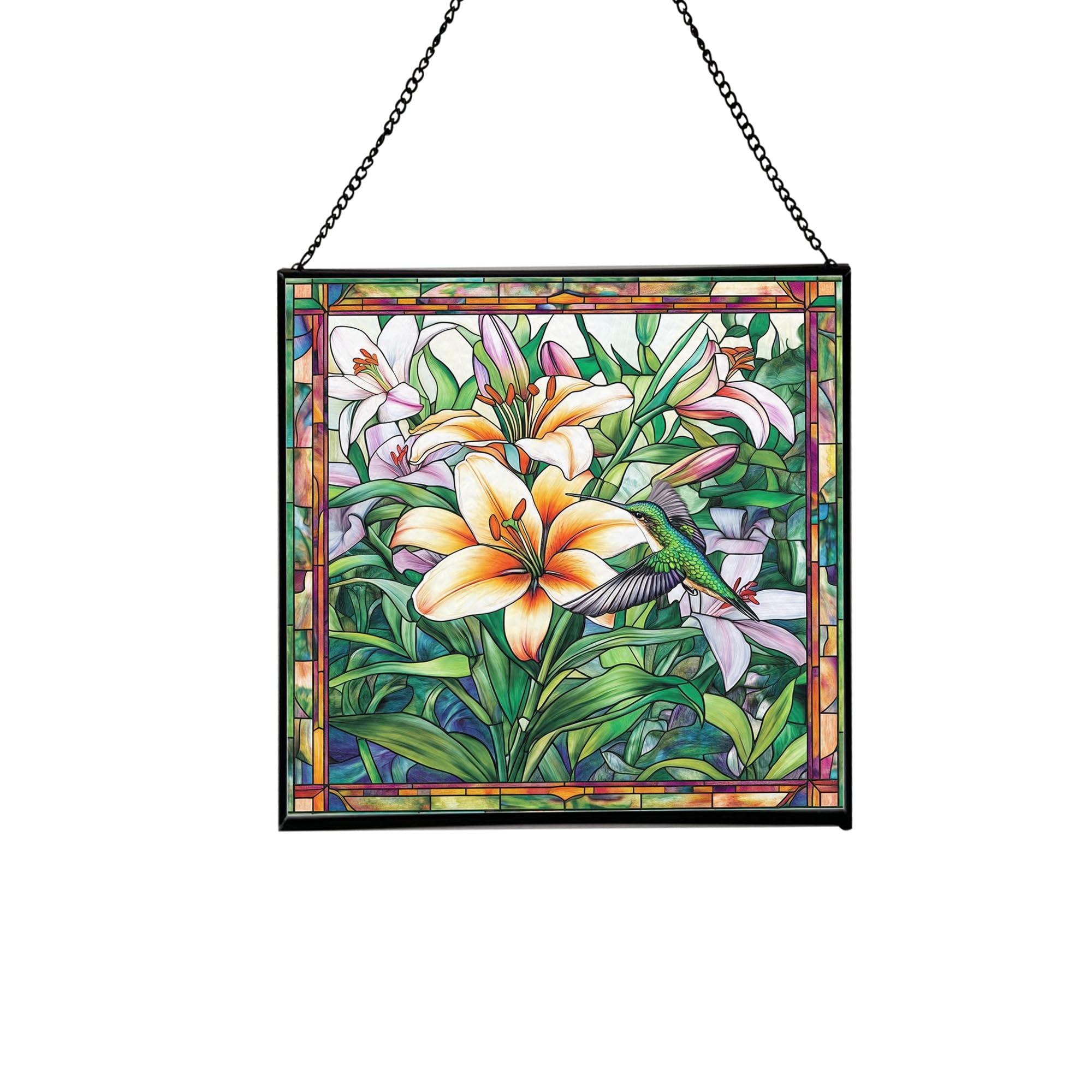 Lily and Hummingbirds Stained Glass Panels Window Hangings Tiffany Glass Traditional Art Crafts for Home Decor Gifts 71OR12