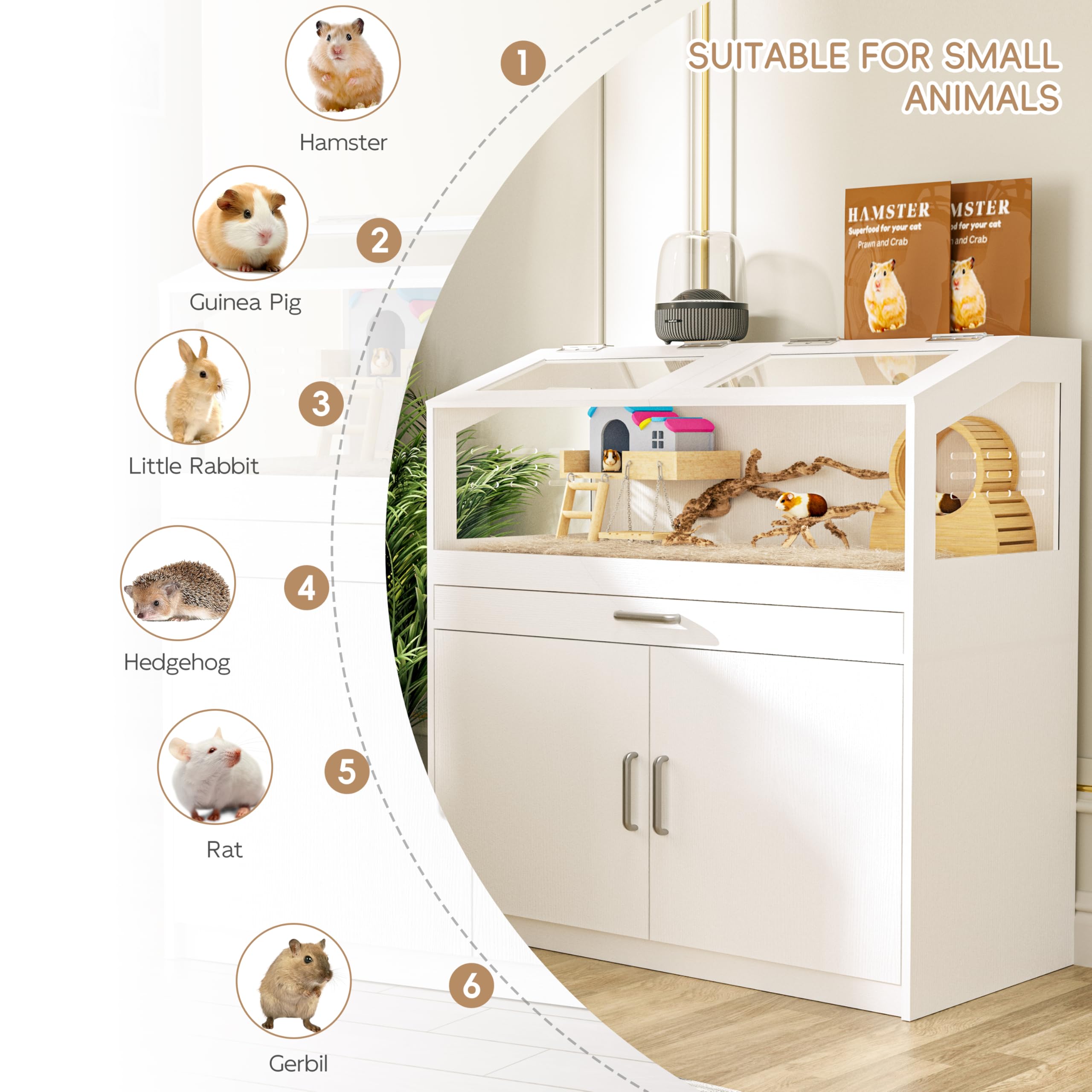 Hamster Cage with Storage Cabinet, Guinea Pig Cage for Small Animals, Large Hamster Cage and Habitat with Easy View Acrylic Panels for Hamster, Rabbit, Guinea Pig, Hedgehog (39"x19"x40")