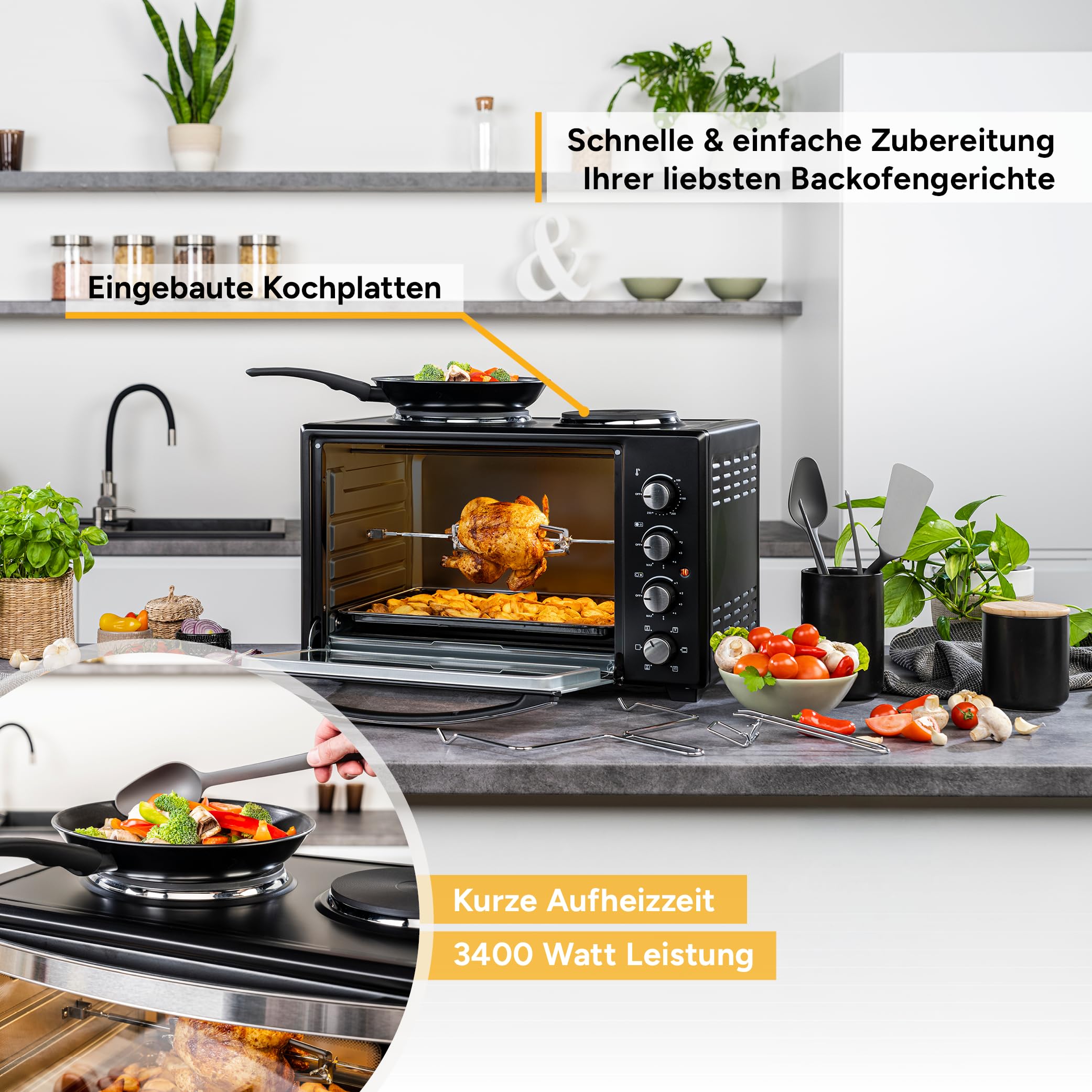 TZS First Austria - Minibackofen mit Kochplatten 60L 3200 W - Mini Backofen Pizzaofen mit Herdplatten bis 230°C & 6 Heizmodi - Miniofen Kombigerät mit 4 Einschubhöhen & hochwertigem Zubehör