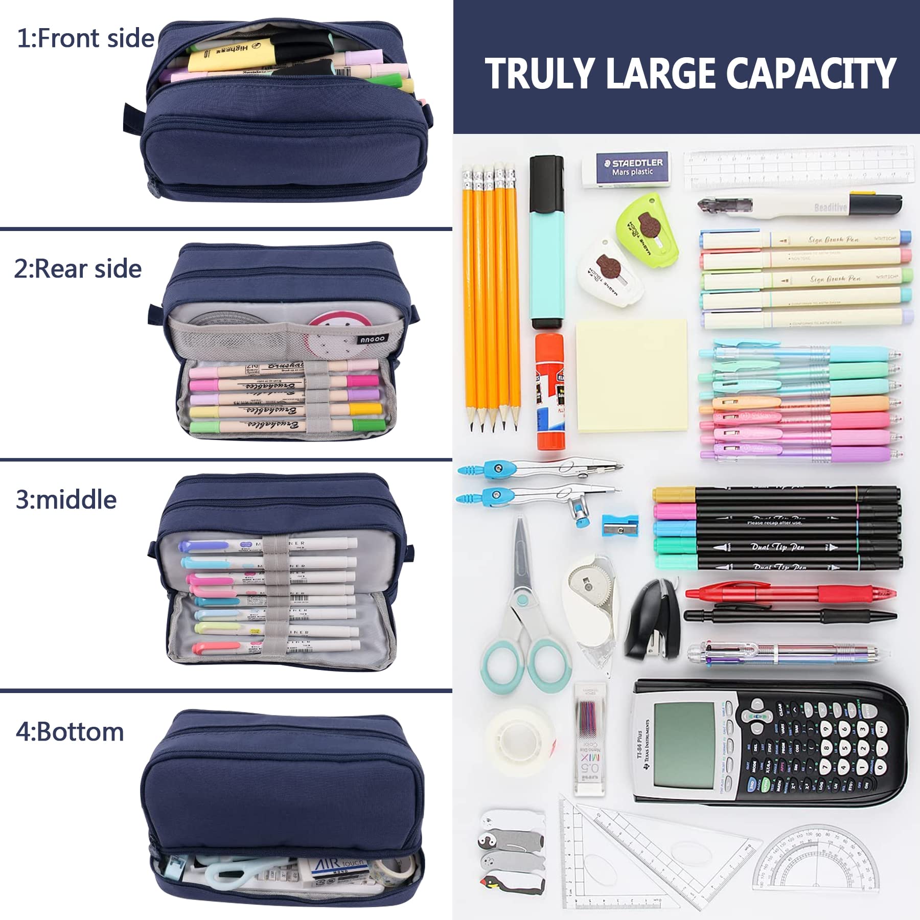 TZEKING School Pencil Case with 4 Compartments, Large Capacity, Blue, 22 x 9.5 x 10 cm - Image 3