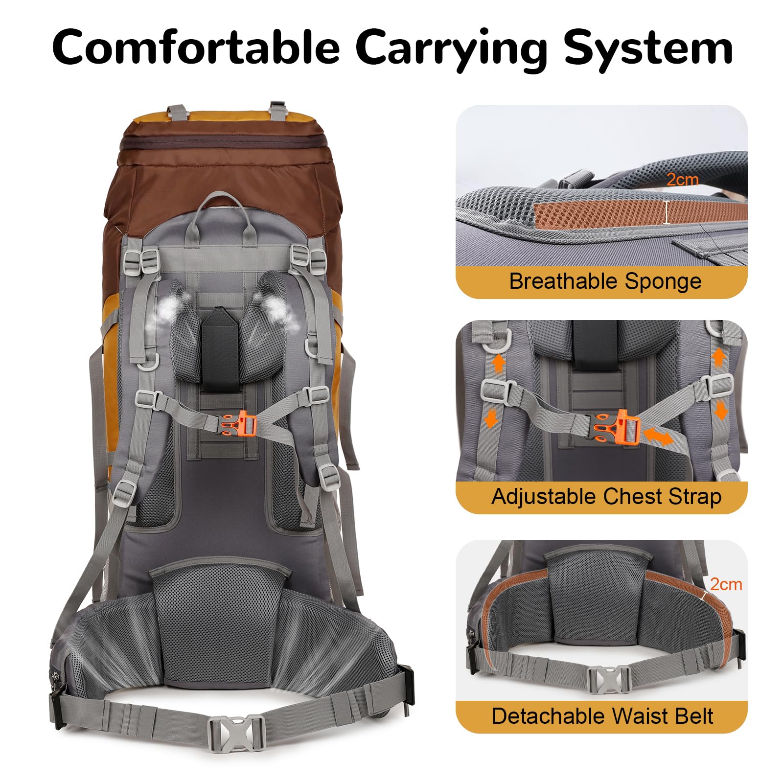 75L Zaino Trekking Regolabile, Grande Zaino da Viaggio con Copertura Antipioggia, Zaino Montagna Impermeabile con Distaccabile Barre in Alluminio per Campeggio Escursionismo, Giallo