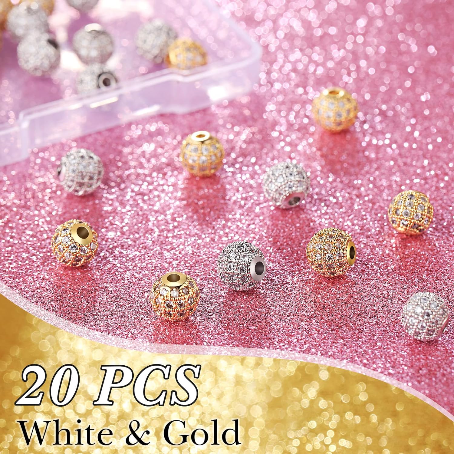 20 Pieces 8 mm Zirconia Cubic Beads, Round Rhinestone Bracelet Spacer Charms,Crystal Zirconia Stones, Ball Beads for Jewelry Making DIY(White, Gold)