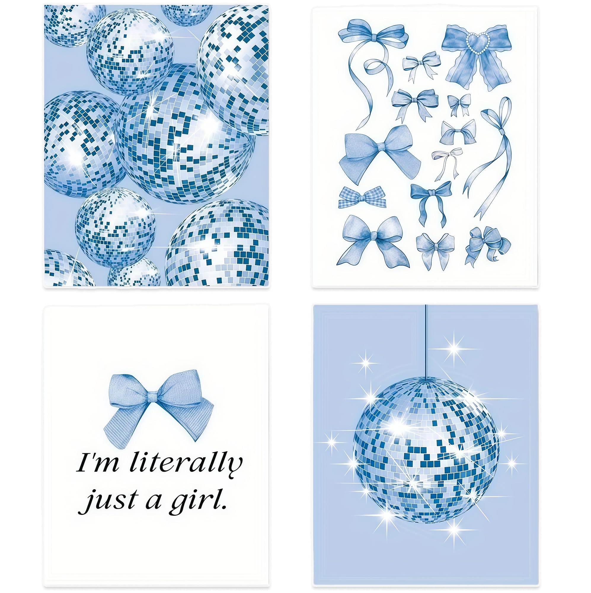 DWUENT Girls Bedroom Decor, Preppy Blue Disco Ball & Bow Wall Art Set Aesthetic Room Decor for Teen Girls, Set of 4 Unframed Canvas Prints, 20x15cm