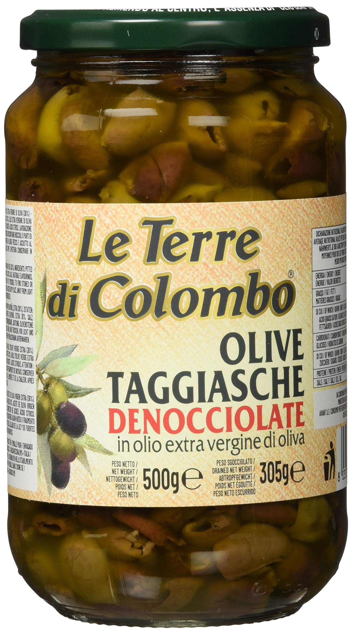 Le Terre di Colombo Aceite de oliva virgen extra 100 % italiano, botella con estrías y tapón mecánico, 1 L + Aceitunas Taggiasca sin hueso en aceite de oliva virgen extra (36 %), 500 g