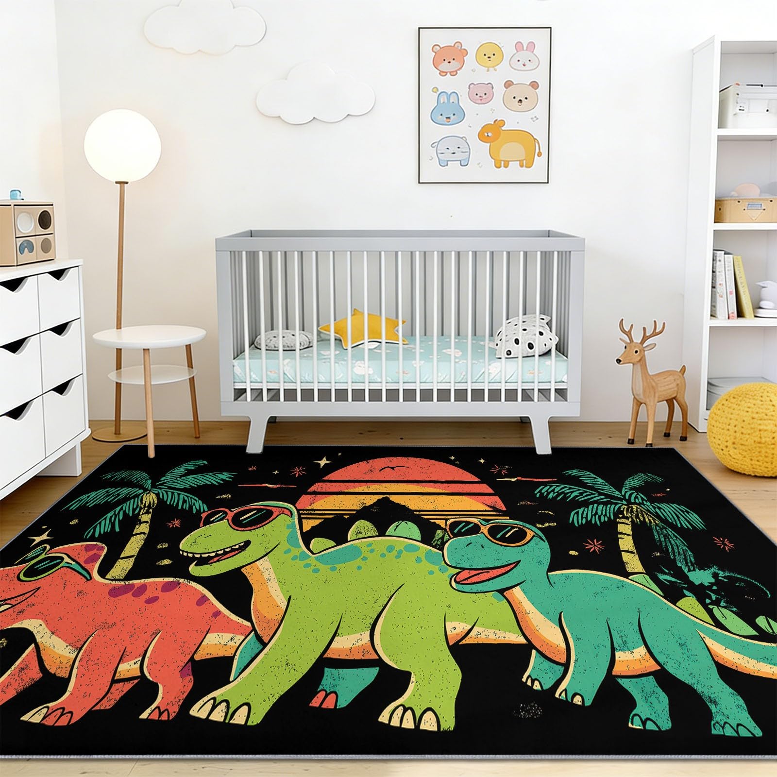 Dywan do salonu, 160 x 230 cm, tropikalny dinozaur i dżungla, dla nastolatków, chłopców i dziewczynek, antypoślizgowy, flanelowy dywan z krótkim włosiem, bardzo miękki, łatwy w pielęgnacji, czarny