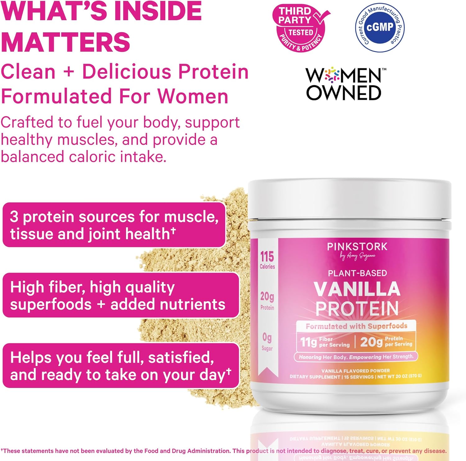 Pink Stork Protein Powder for Women, 20g Plant Based Protein Powder with Fiber + Superfoods, Gluten Free, Dairy Free, Sugar Free, Pregnancy Friendly, Vanilla Protein Shake - 15 Scoops