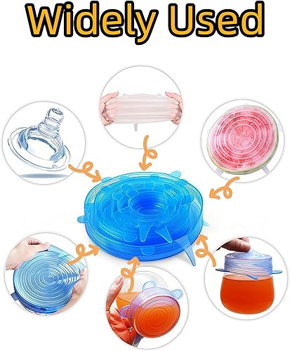 Miniatura 6 de Paquete de 6 tapas elásticas de silicona reutilizables azules, cubiertas de silicona flexibles para recipientes de alimentos herméticos, sello a