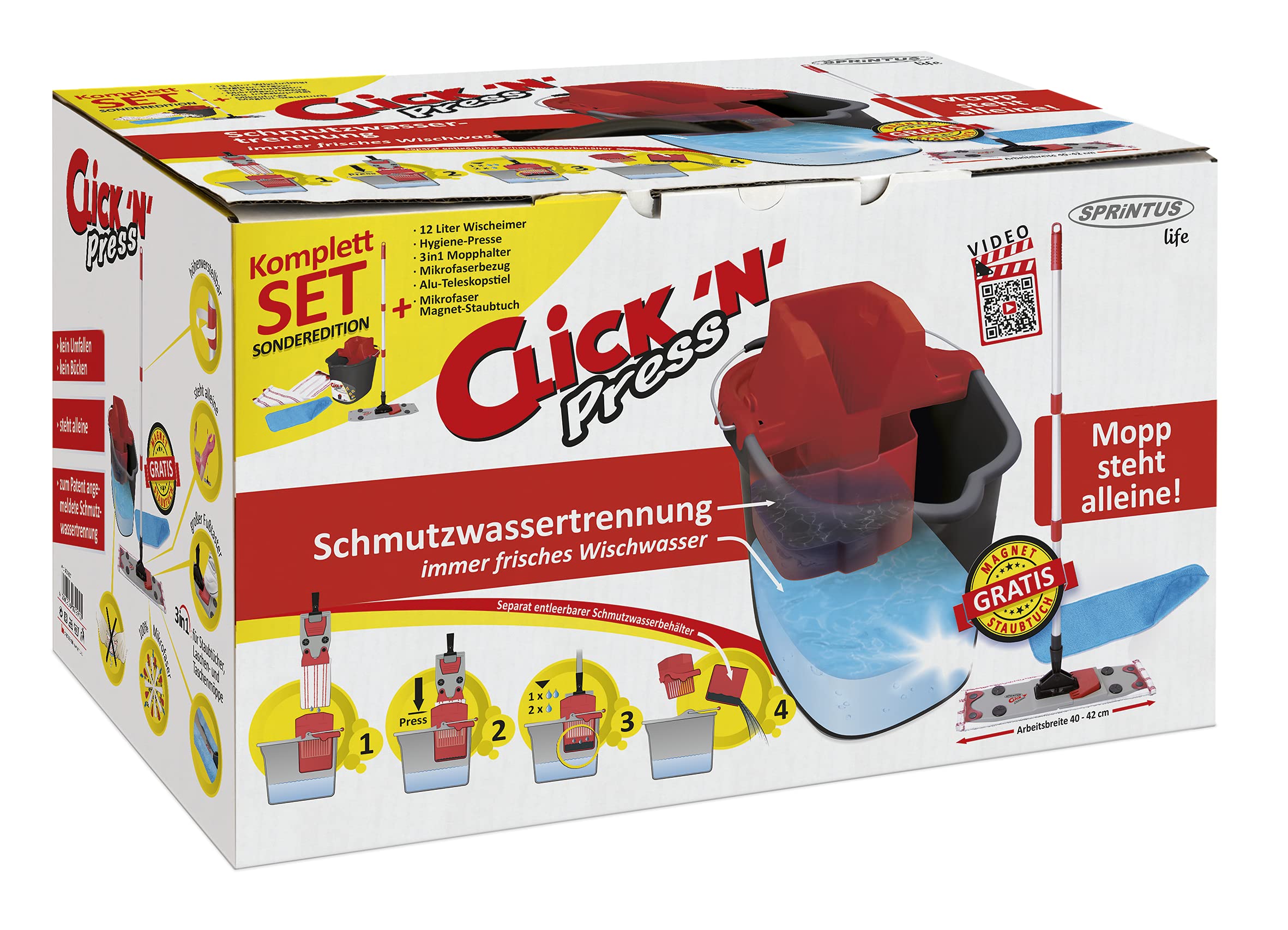 Sprintus 302018 Click 'n' Press Patentiertes Bodenwischset mit einzigartiger Aufrechtfunktion und Hygienepresse