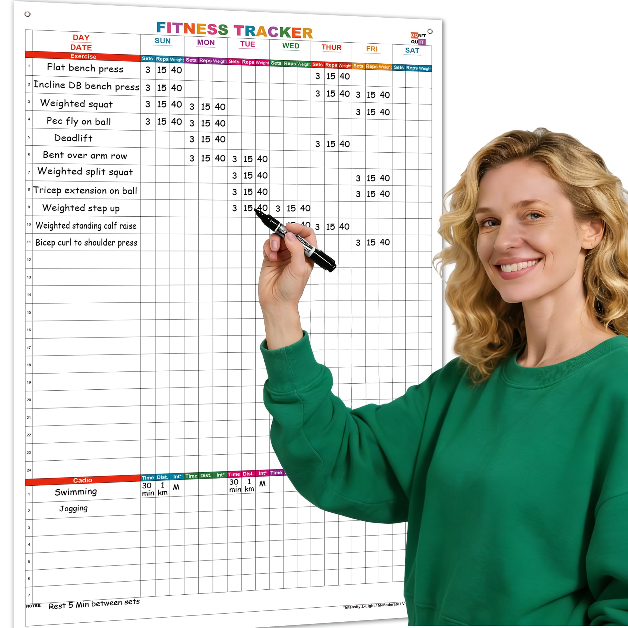 Grande agenda da parete cancellabile a secco, 61 x 91 cm, tabella degli esercizi settimanali cancellabile per pianificare e tracciare esercizi cardio, facile da cancellare, per casa e palestra